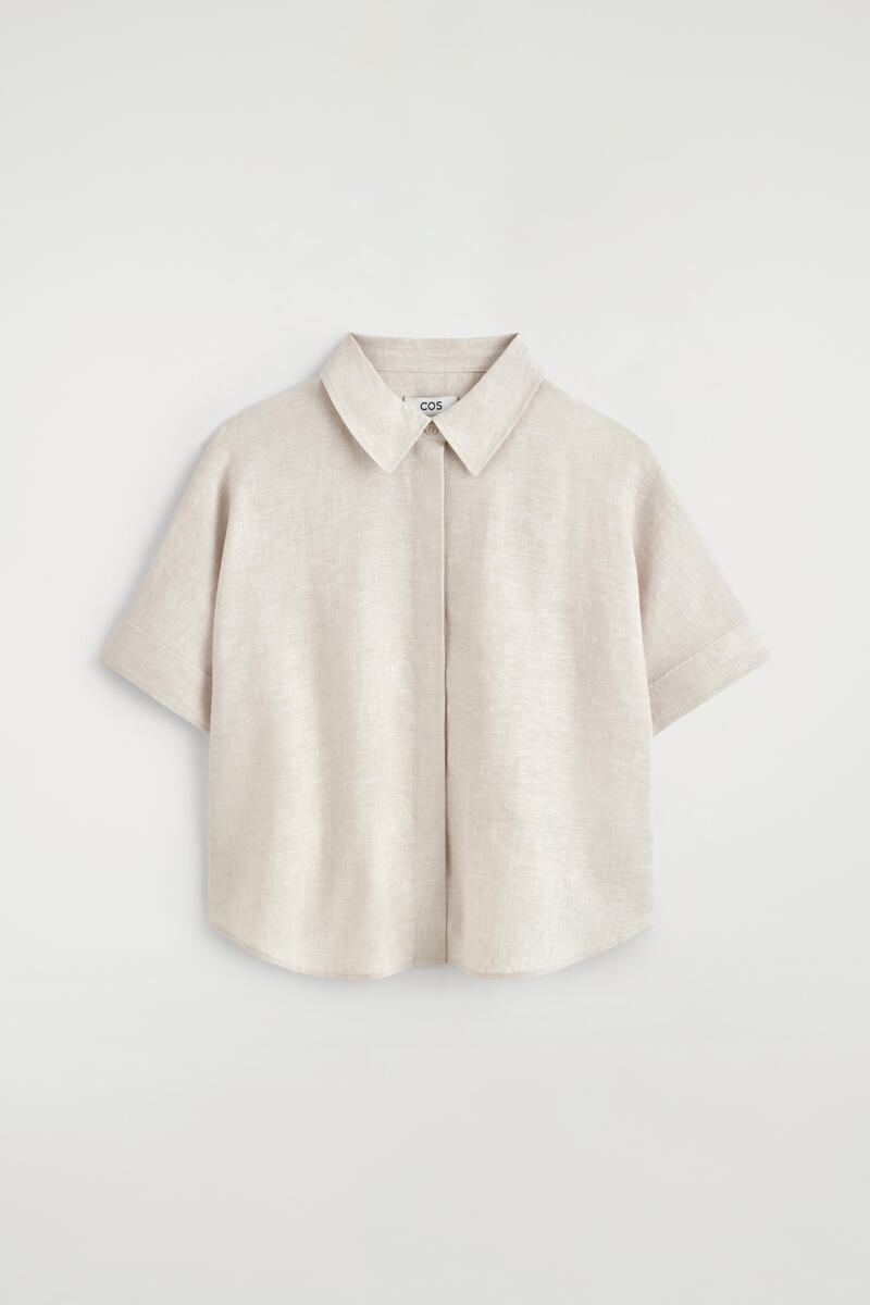 Oversized Short-Sleeved Linen Shirt in Beige