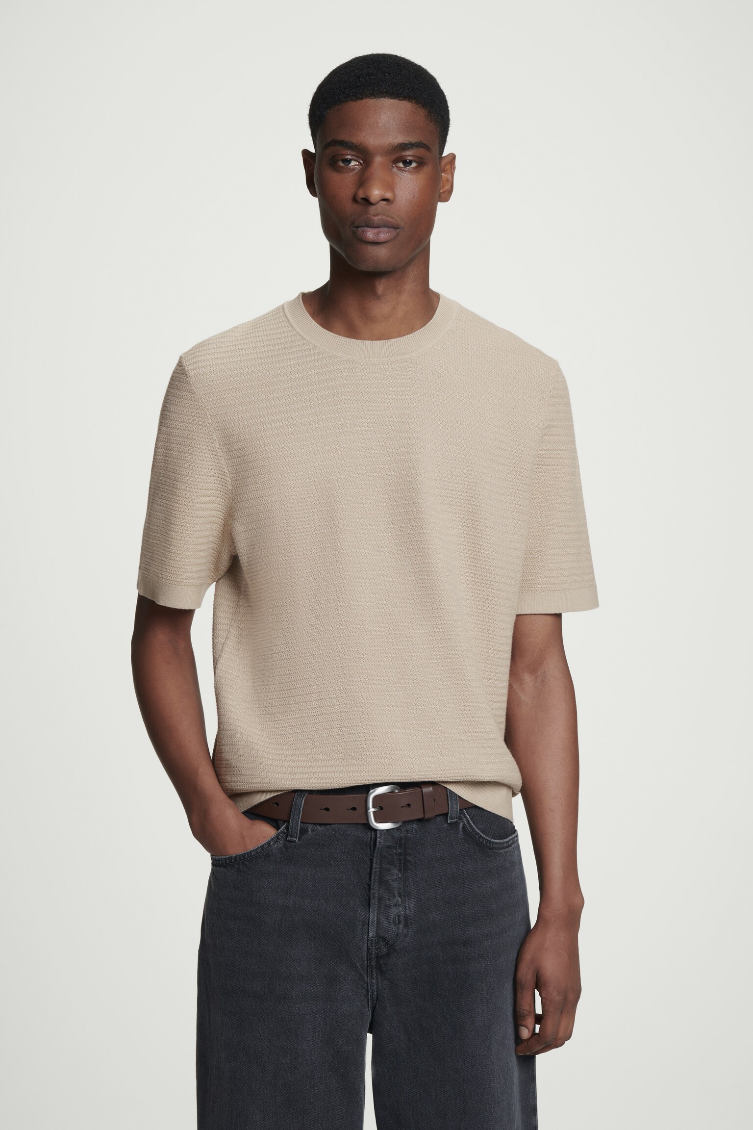 TEXTURED KNITTED COTTON T-SHIRT - MOLE/APRICOT/OFF-WHITE/BLACK