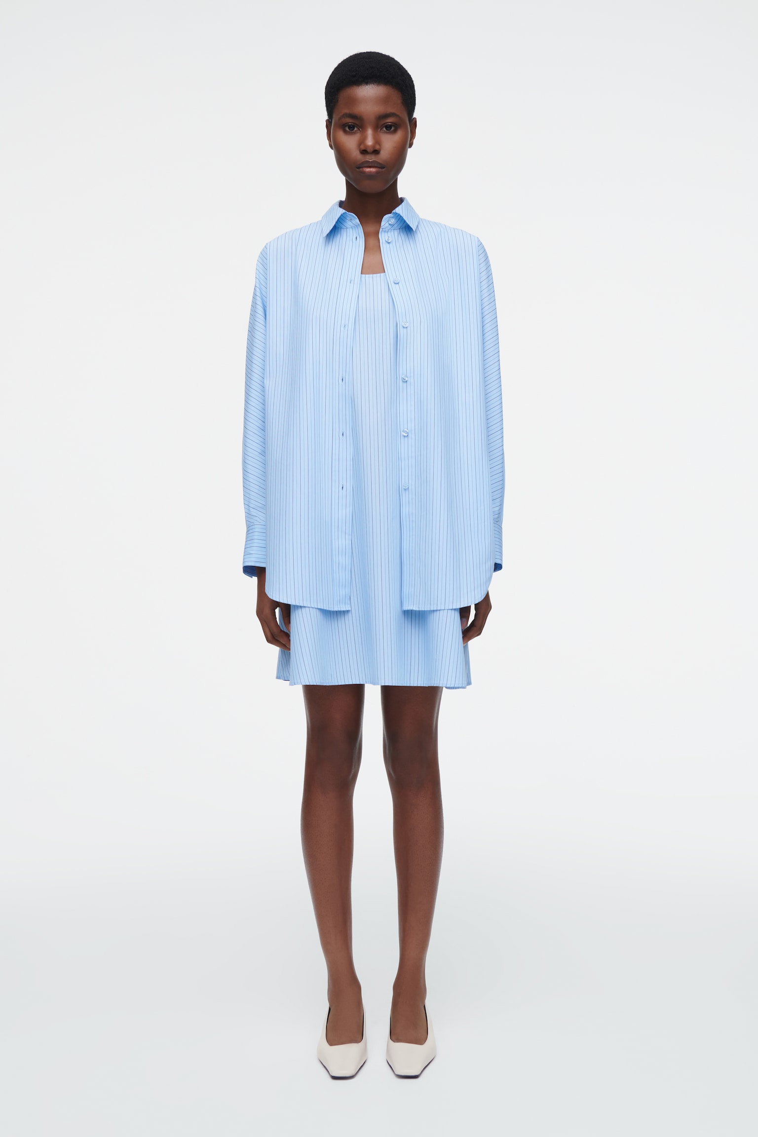 LAYERED STRIPED TRAPEZE SHIRT DRESS - BLUE / STRIPED