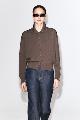 MERINO WOOL MOCK-NECK CARDIGAN — BROWN MÉLANGE 1
