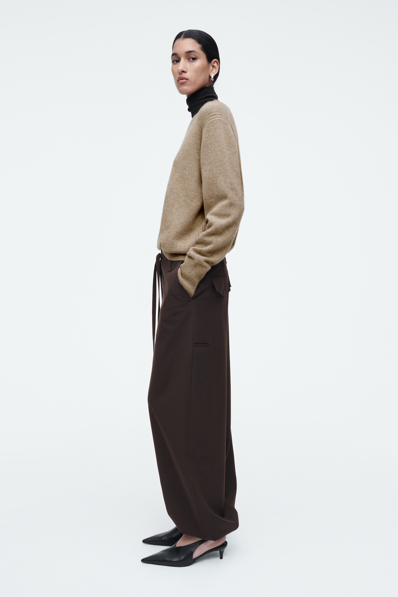 PANTALON BARREL TAILLE AJUSTABLE EN SERGÉ - BRUN FONCÉ - 5