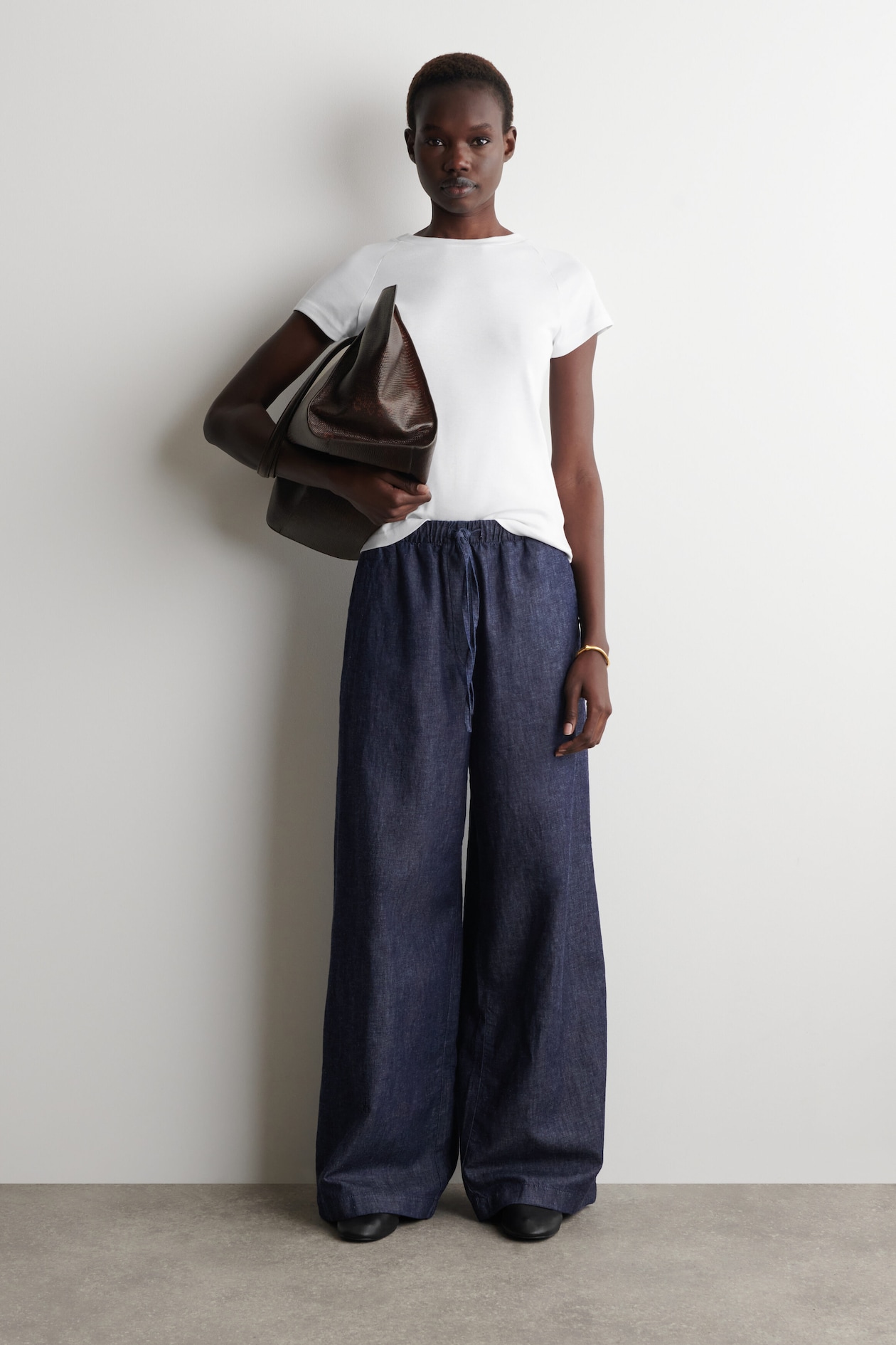 DENIM WIDE-LEG DRAWSTRING TROUSERS