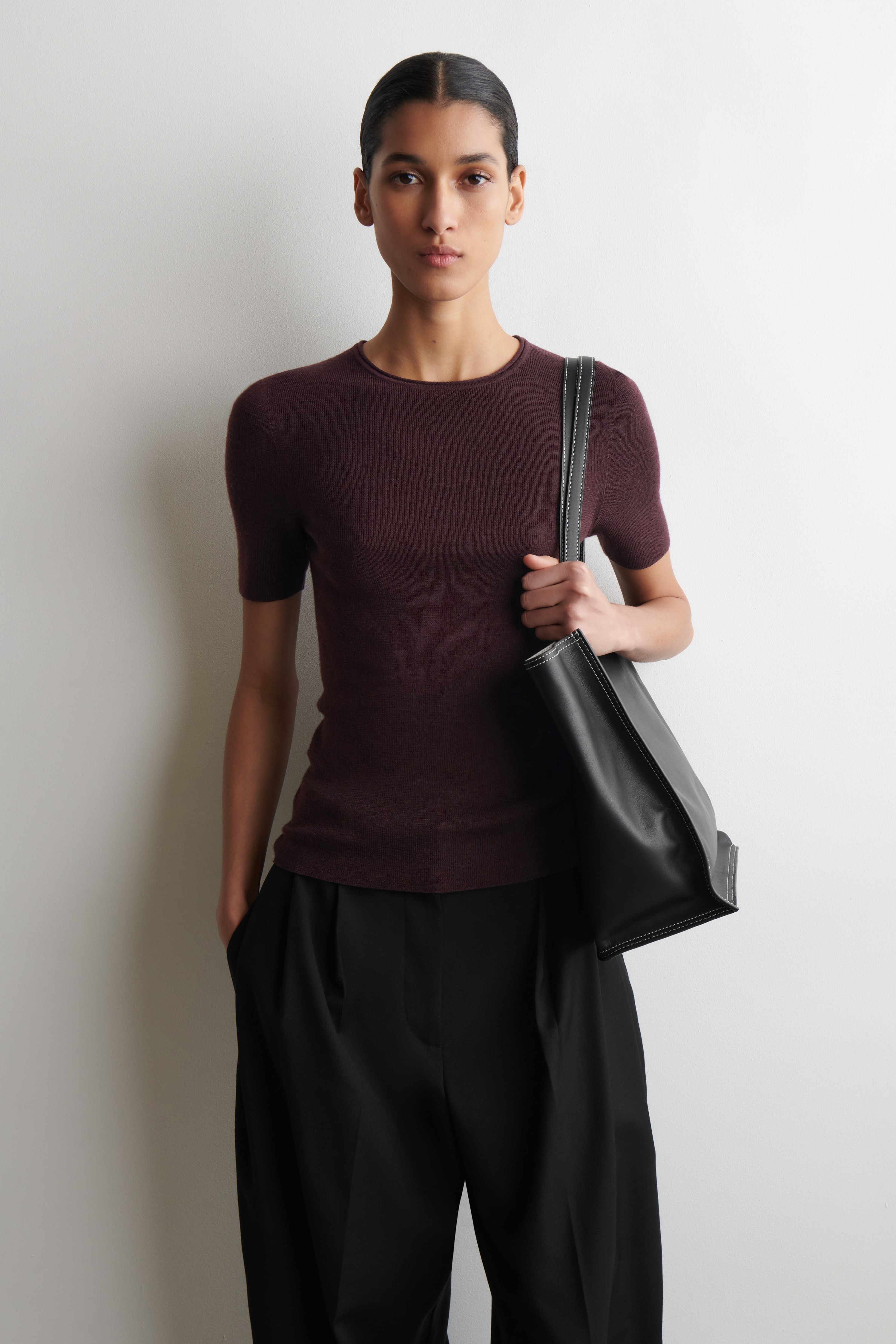 T-SHIRT SANS COUTURE EN LAINE MÉRINOS - BORDEAUX CHINÉ/BEIGE CHINÉ/GRIS ANTHRACITE CHINÉ