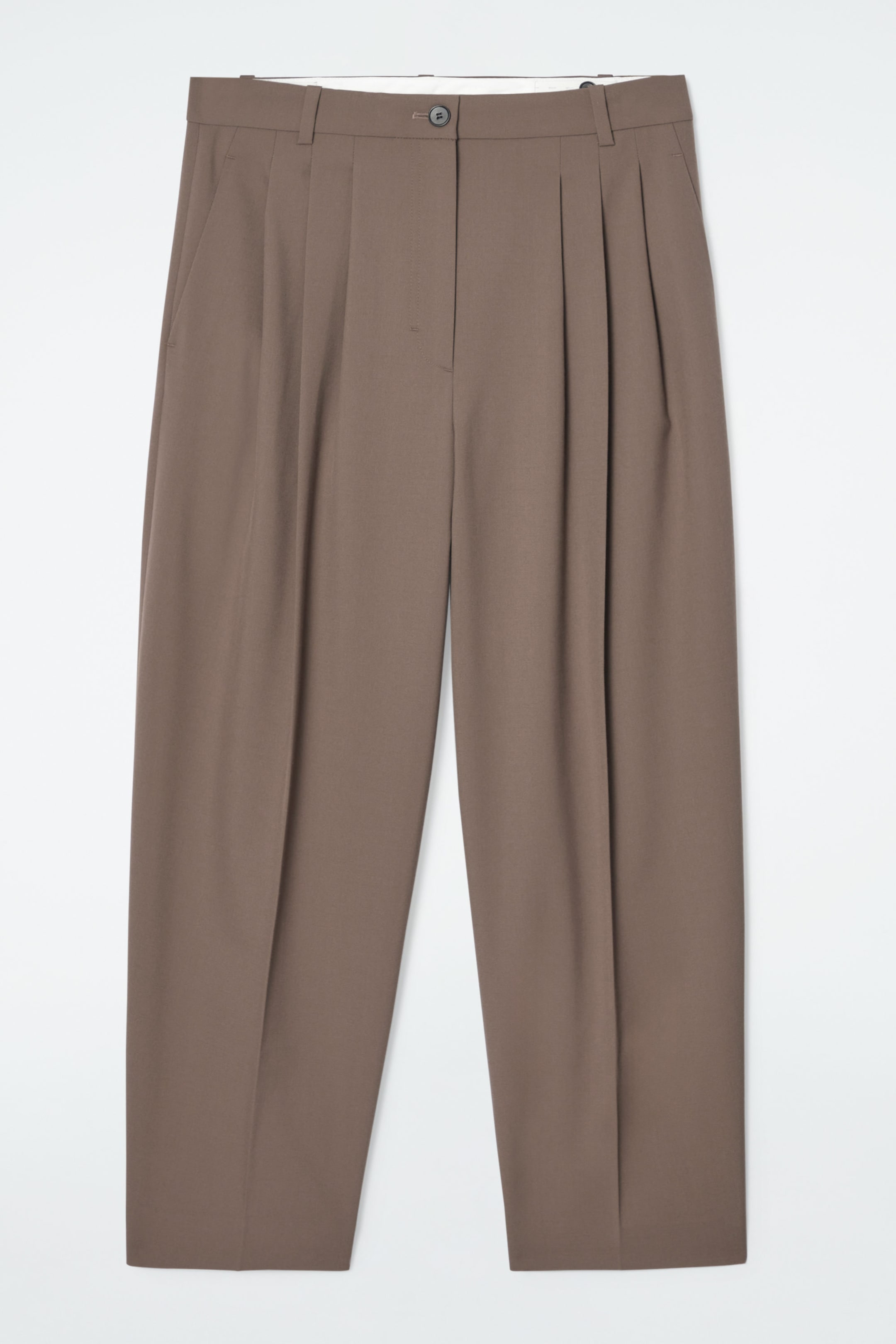 PLEATED BARREL-LEG WOOL-BLEND TROUSERS