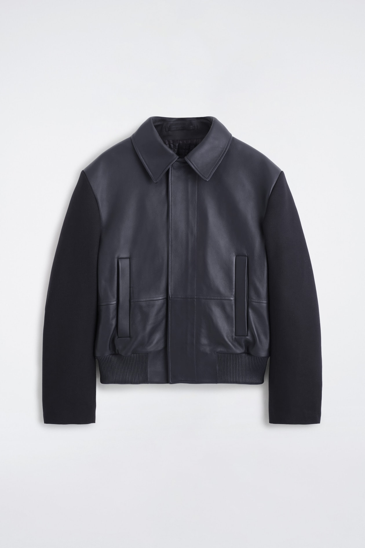 LEATHER-PANELED WOOL BOMBER JACKET — MIDNIGHT