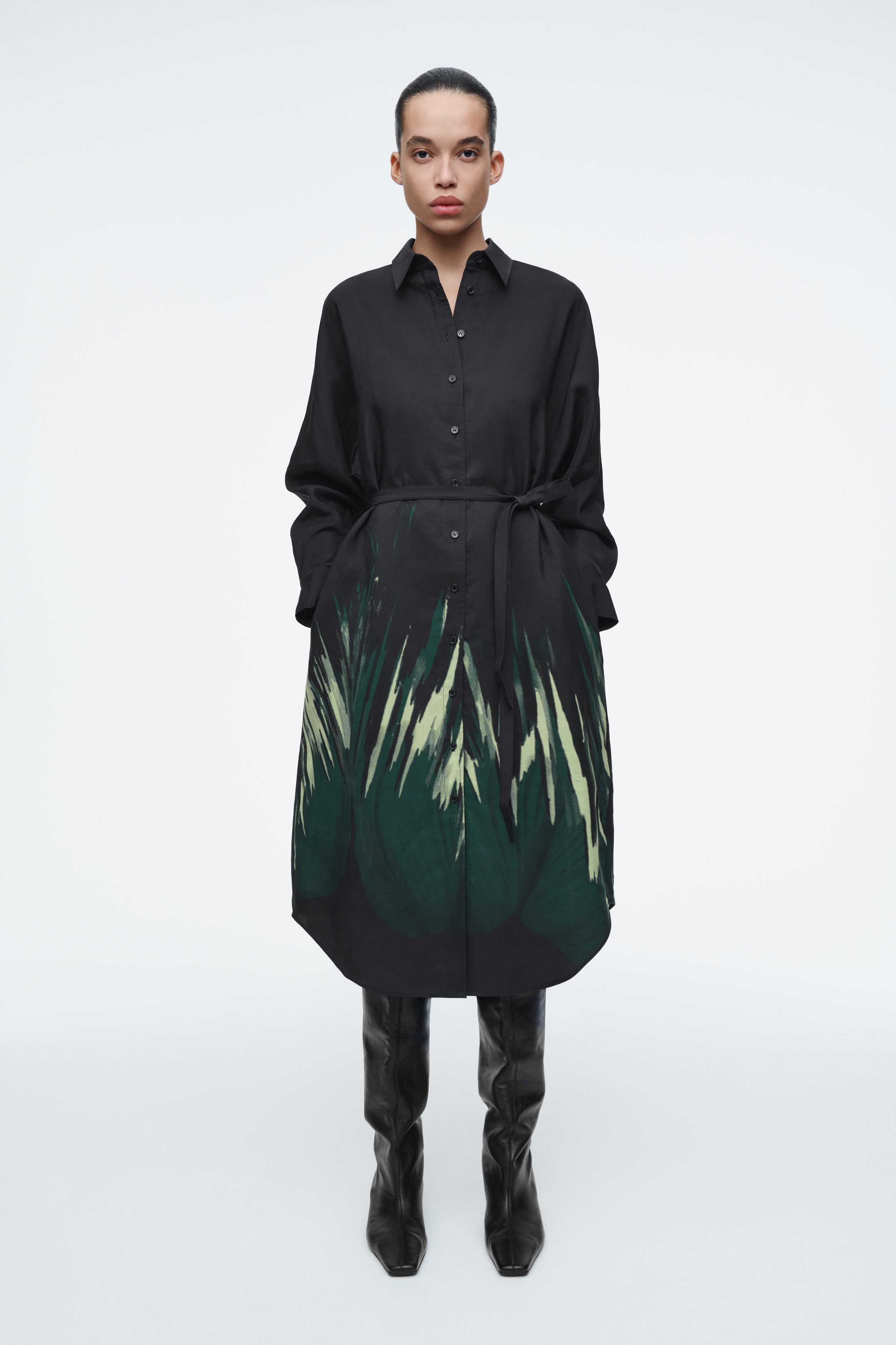 PRINTED BELTED SHIRT DRESS - BLACK / PRINTED | COS