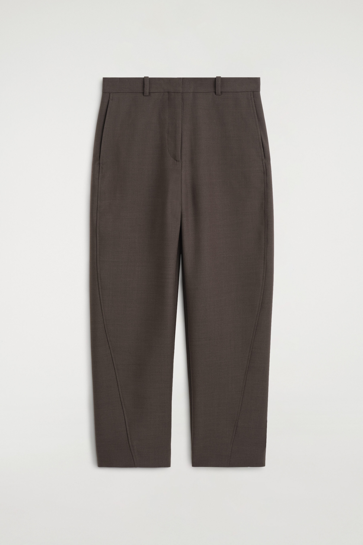 CROPPED WOOL BARREL-LEG TROUSERS — BROWN