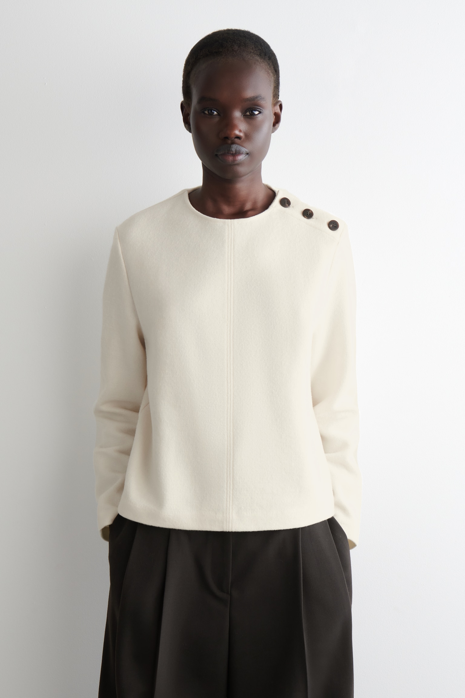 BUTTON-DETAIL BOILED-WOOL SWEATSHIRT - WHITE/DARK-GREY MÉLANGE