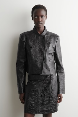 CROPPED CROC-EFFECT LEATHER BLAZER — BLACK 2