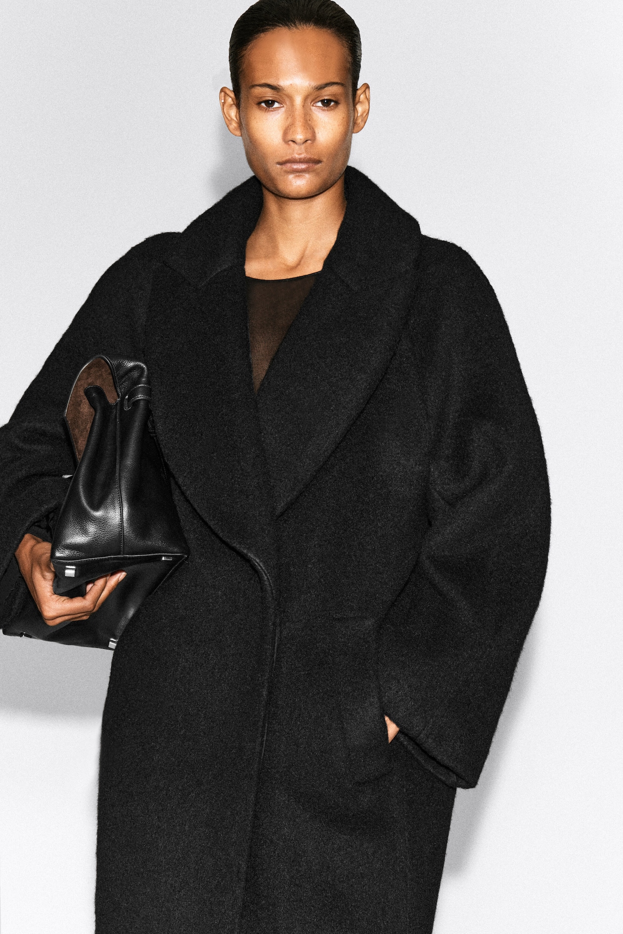 BRUSHED WOOL MAXI COAT — BLACK