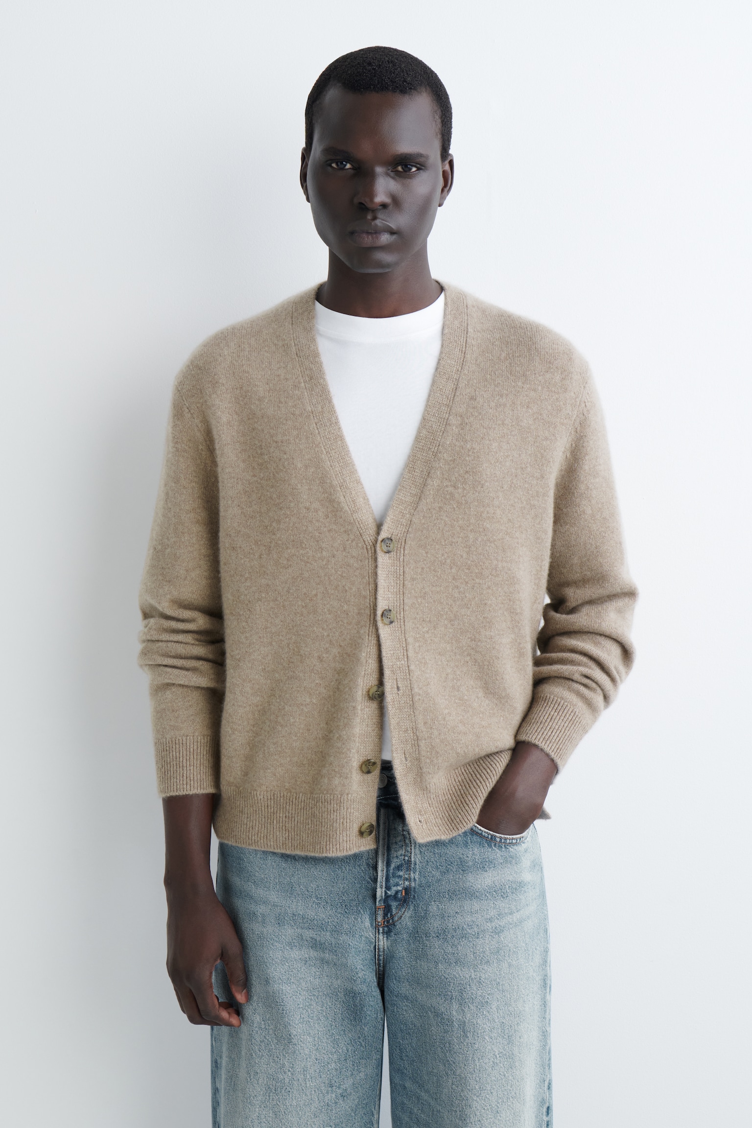 CARDIGAN IN CASHMERE CON SCOLLO A V - BEIGE MÉLANGE