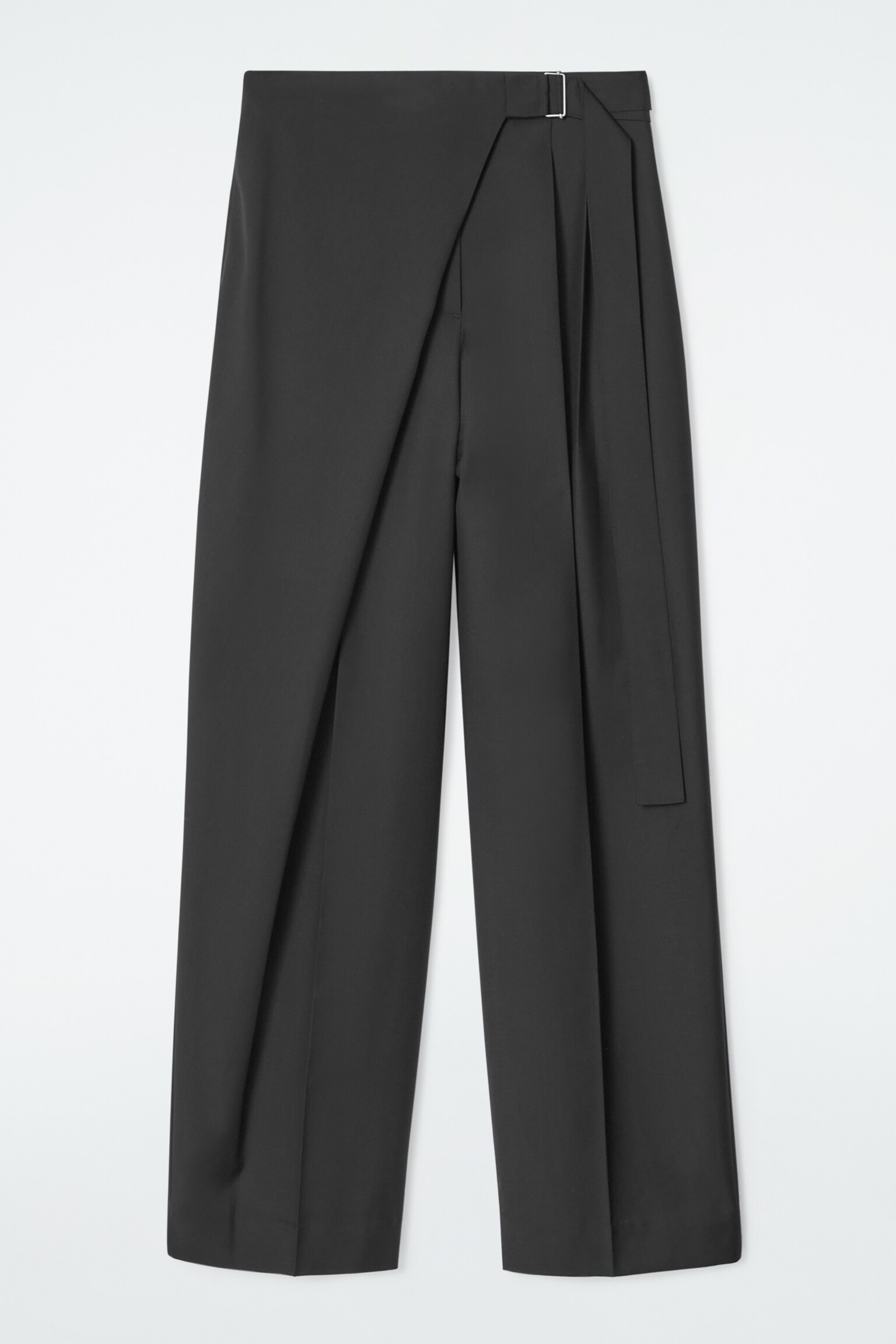 RELAXED BELTED WRAP-FRONT WOOL TROUSERS - BLACK