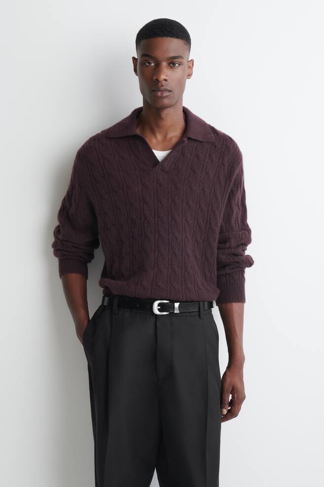 Camisola polo de caxemira com ponto de trança - bordô - 1