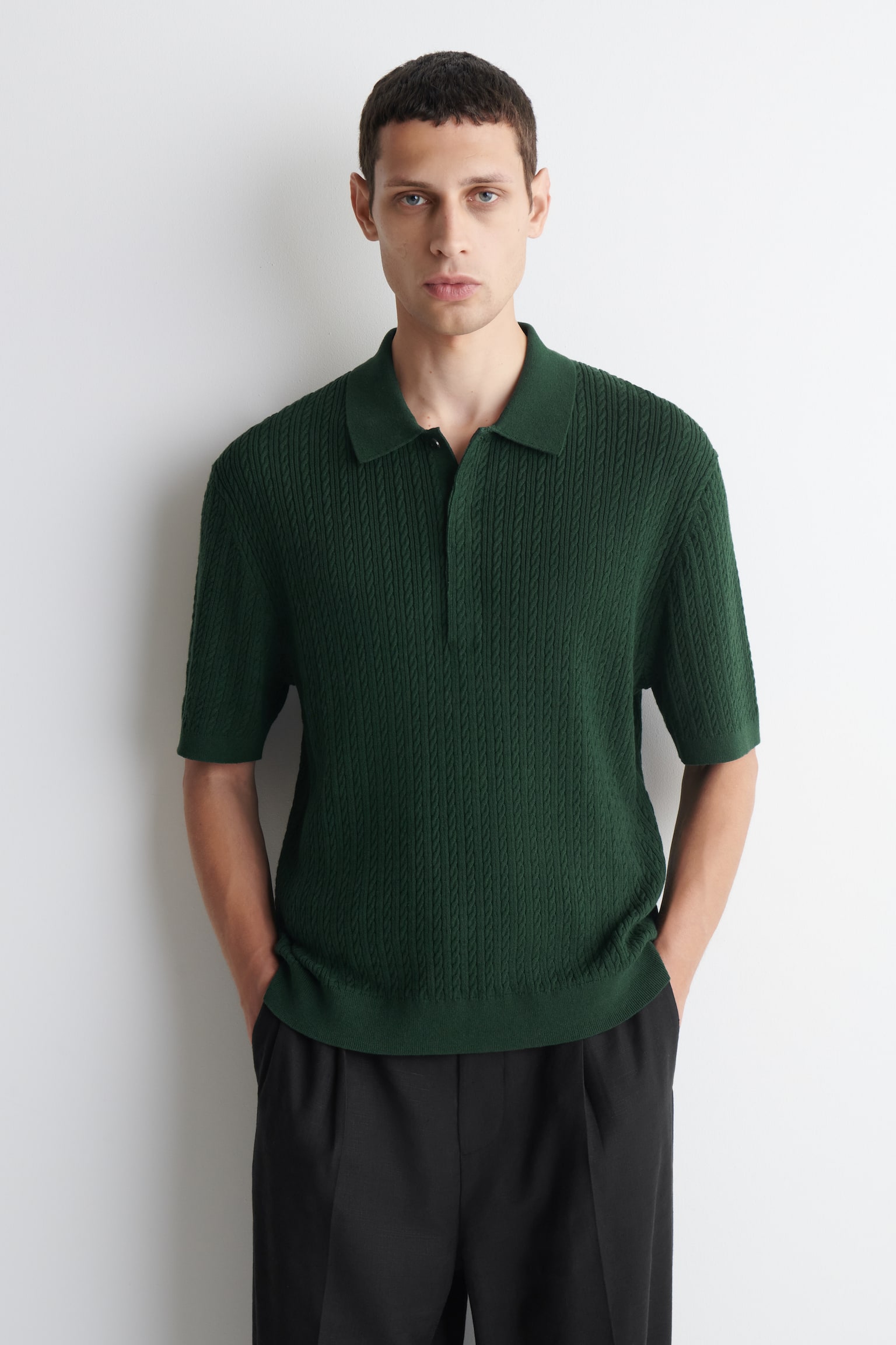 TRICOU POLO TRICOTAT CU TORSADE DIN BUMBAC ȘI IN - VERDE ÎNCHIS/GRI - 1