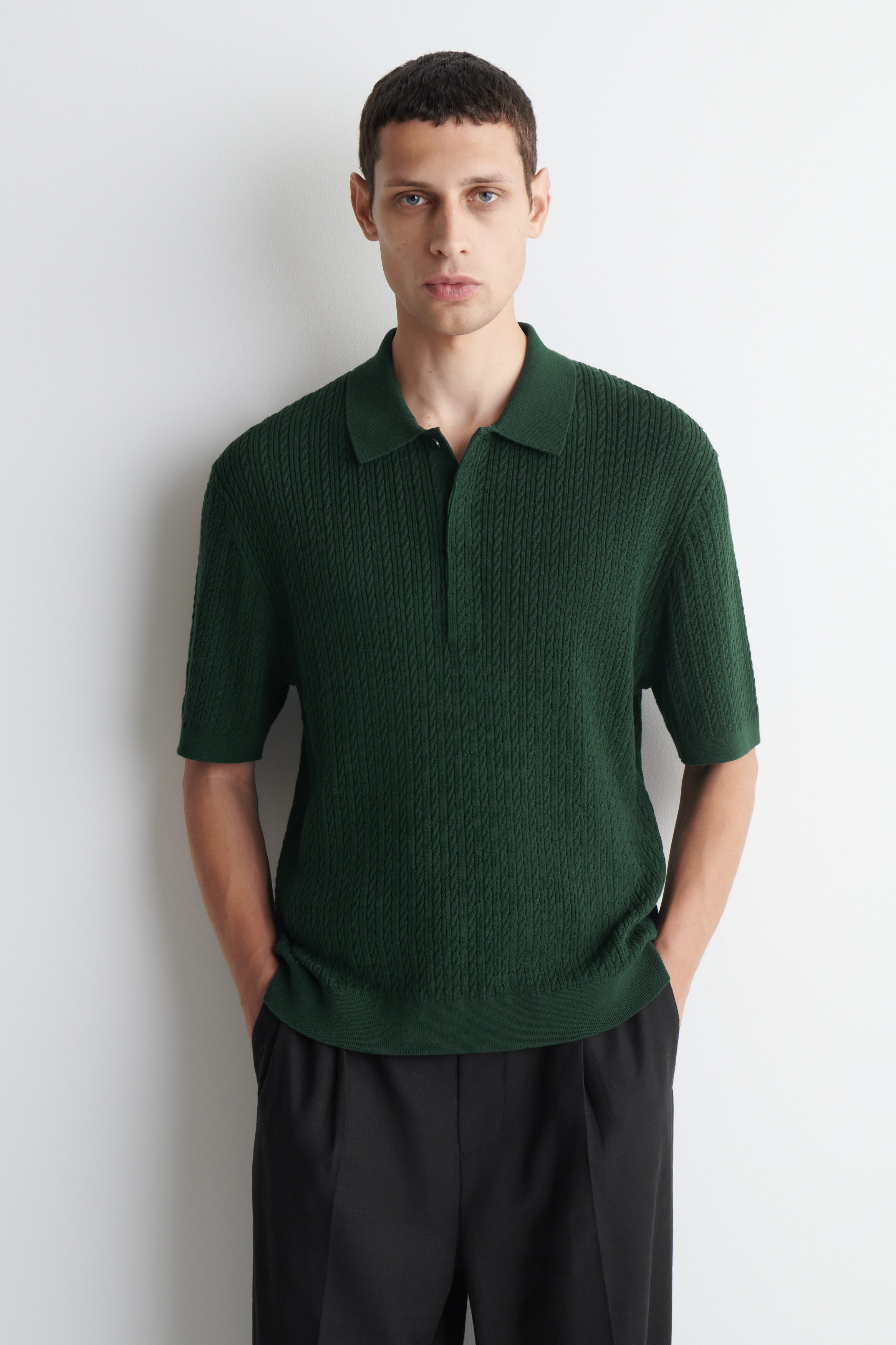CABLE-KNIT COTTON-LINEN POLO SHIRT - DARK GREEN | COS US