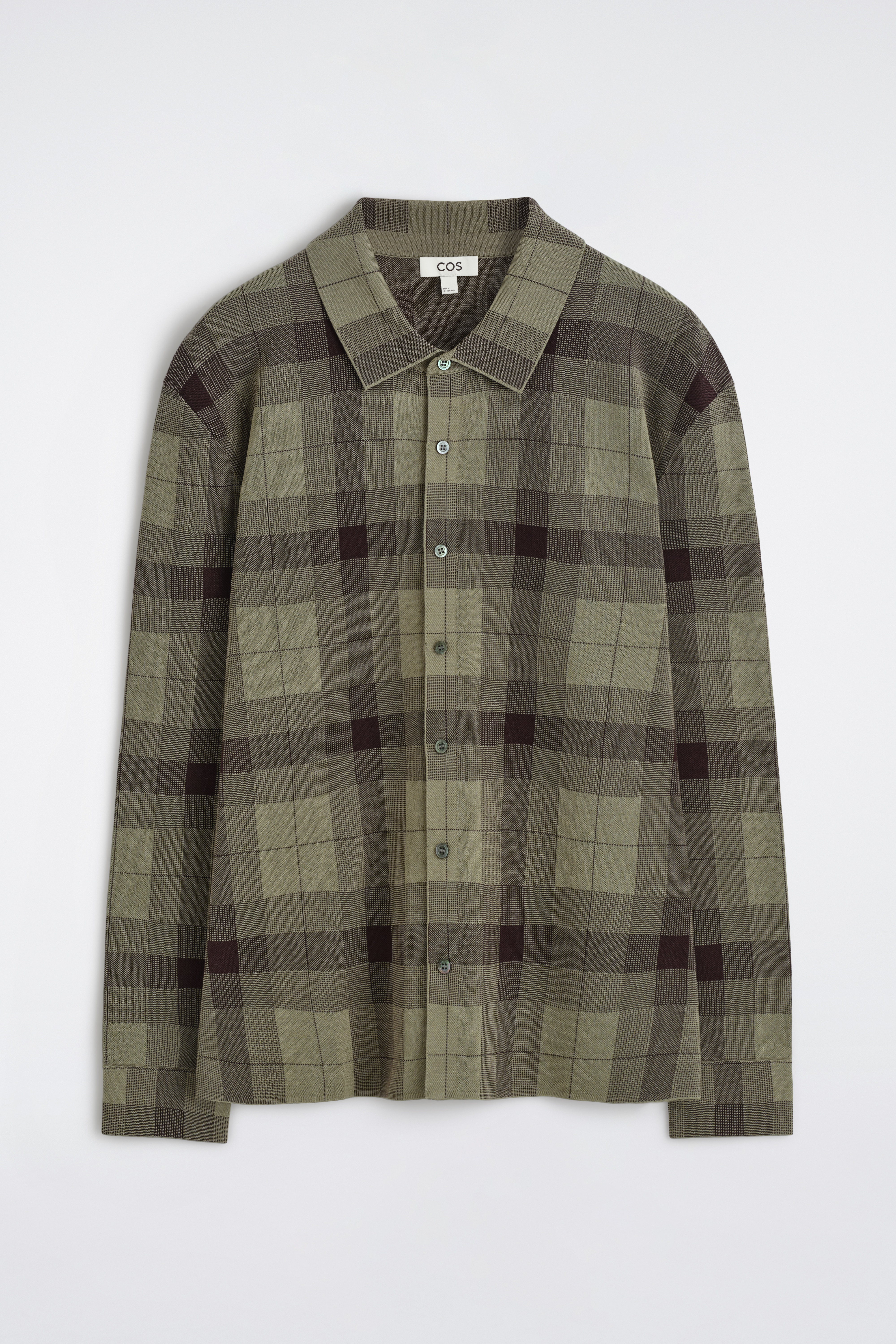 Losvallend gebreid katoenen shirt - kaki / geruit/marineblauw / geruit