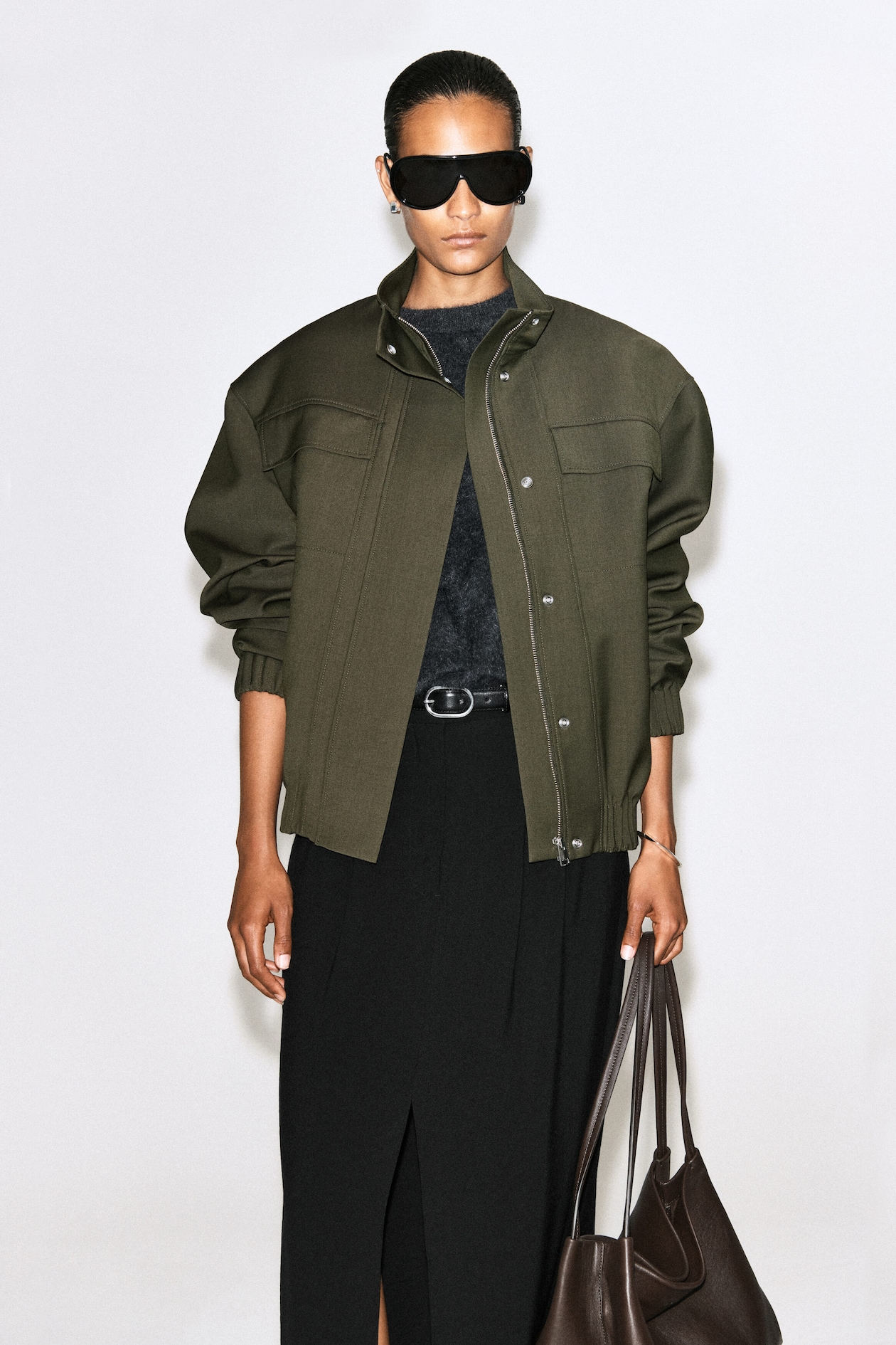 MOCK-NECK WOOL-BLEND BOMBER JACKET — KHAKI MÉLANGE