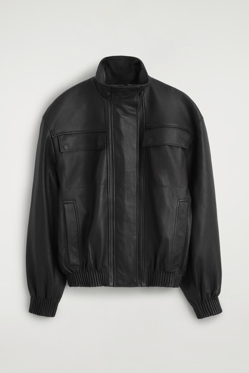 Leather Funnel-Turtleneck Bomber Jacket