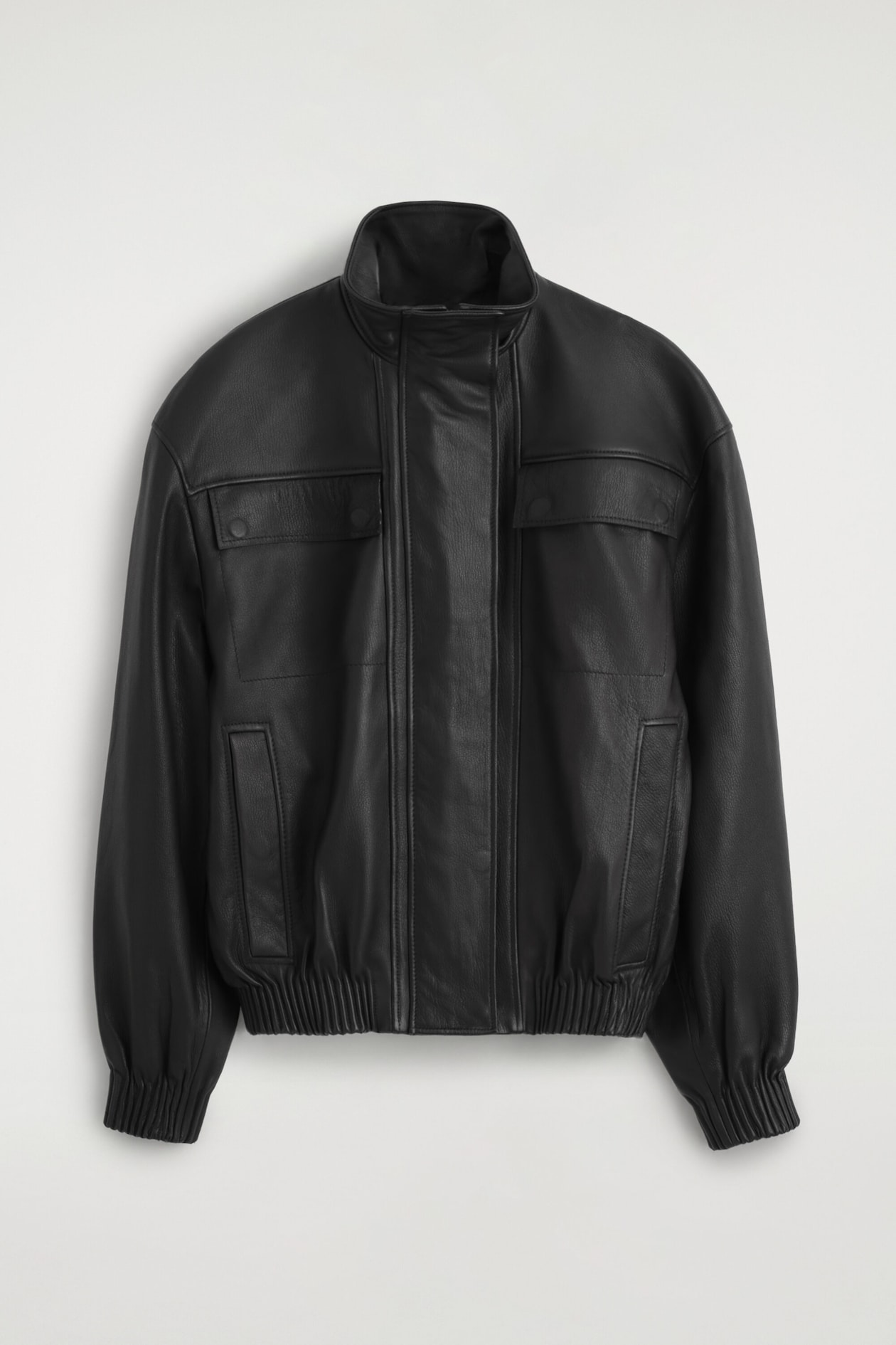 LEATHER MOCK-NECK BOMBER JACKET — BLACK