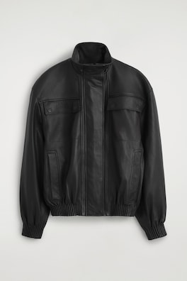 LEATHER MOCK-NECK BOMBER JACKET — BLACK 9