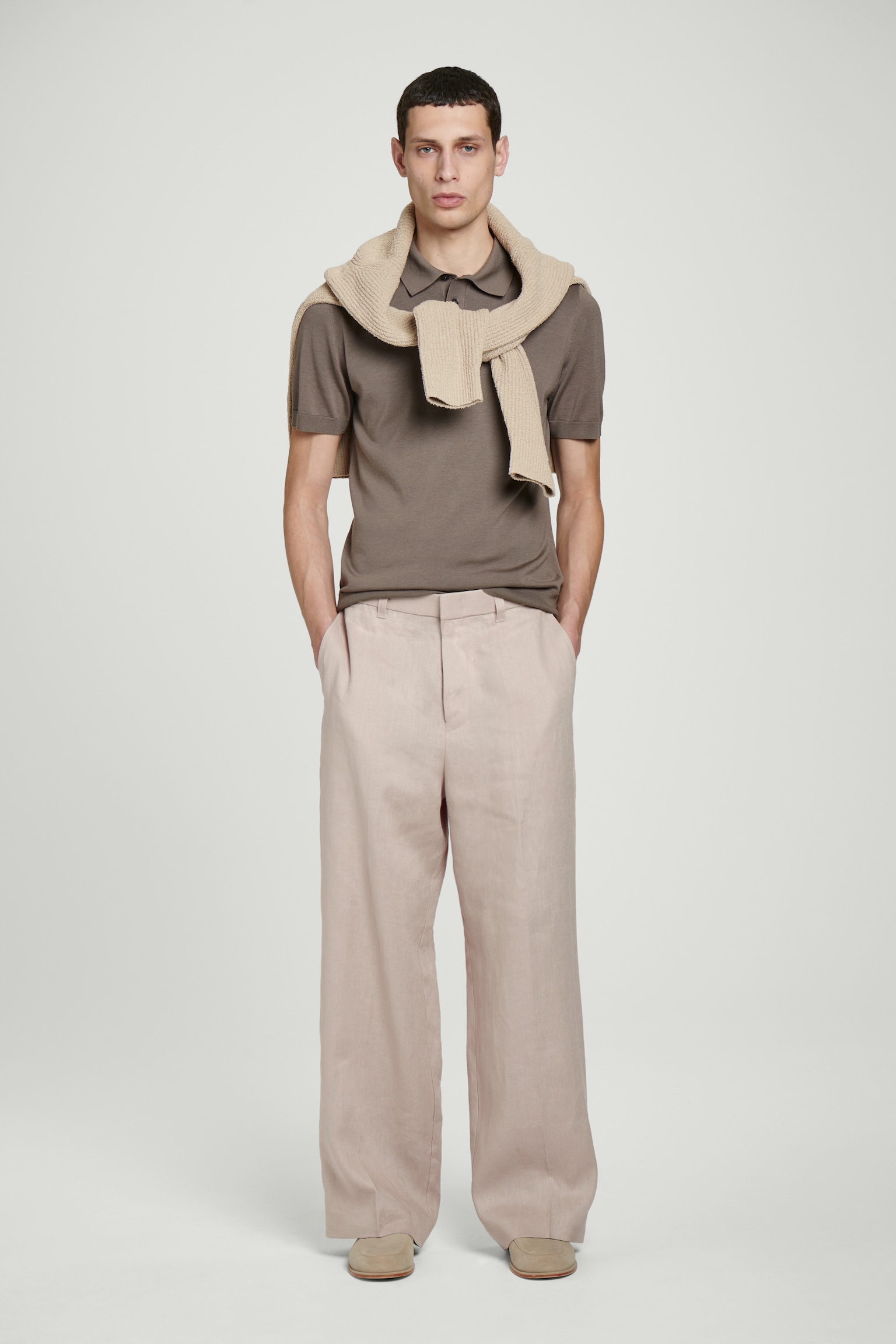 FLUID LINEN WIDE-LEG TROUSERS - MOLE/BLACK