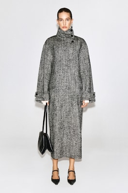BELTED HERRINGBONE WOOL MOCK-NECK COAT — BLACK / HERRINGBONE 2