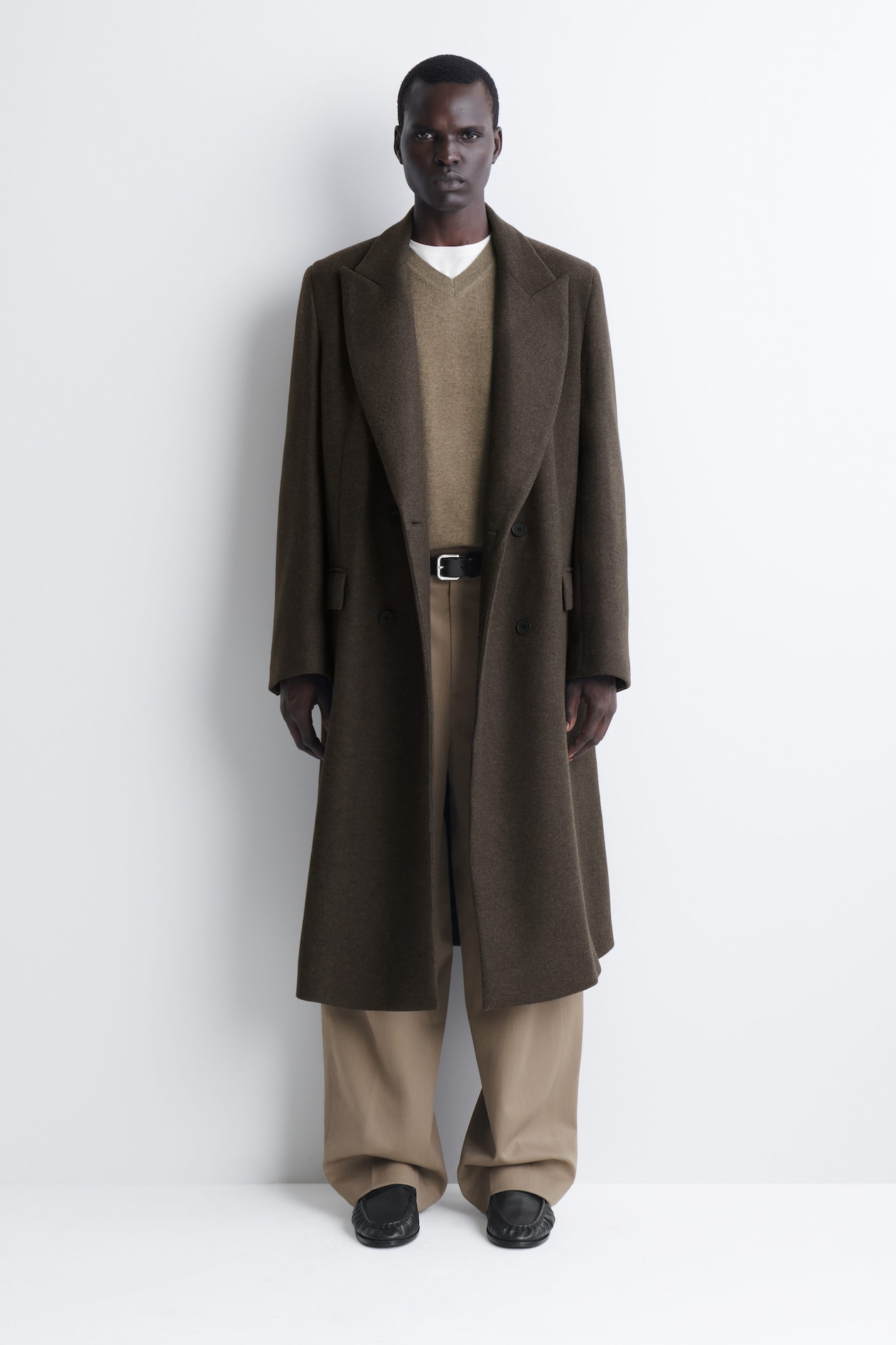 DOUBLE-BREASTED WOOL-BLEND LONG COAT — DARK-BROWN MÉLANGE