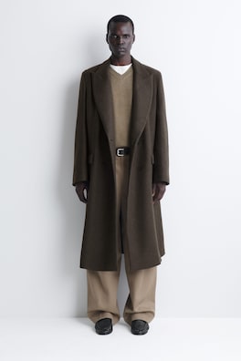 DOUBLE-BREASTED WOOL-BLEND LONG COAT — DARK-BROWN MÉLANGE 2