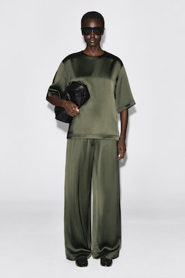 PLEATED SATIN DRAWSTRING PANTS — KHAKI 3
