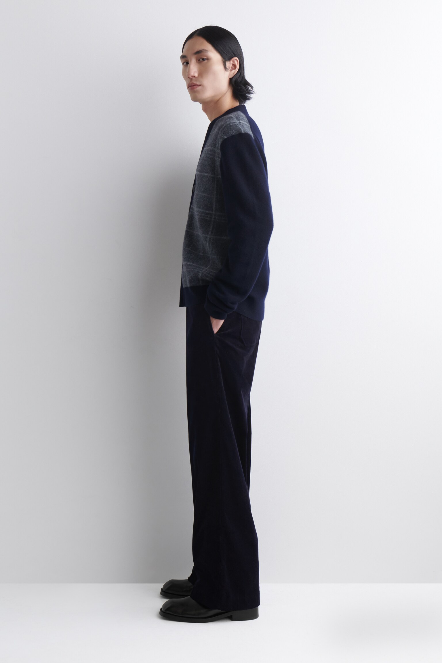 קרדיגן צמר משובץ עם צווארון וי - NAVY / CHECKED - 4