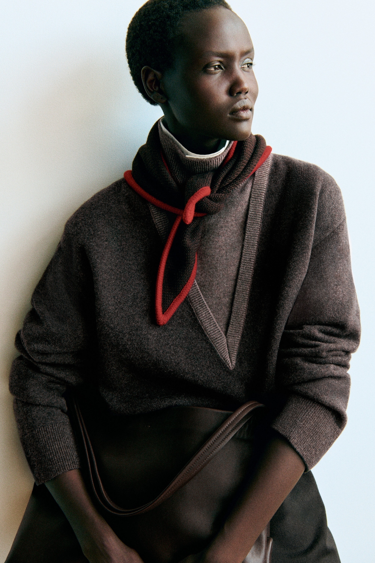 CONTRAST-TIPPED MERINO WOOL TRIANGLE SCARF — BROWN / RED