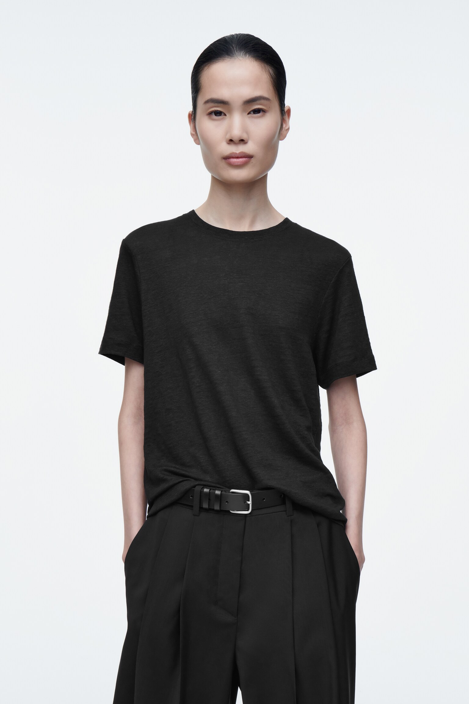 T-SHIRT DE LINHO COM GOLA REDONDA - PRETO/NÃO TINGIDO / A RISCAS/AZUL ESCURO