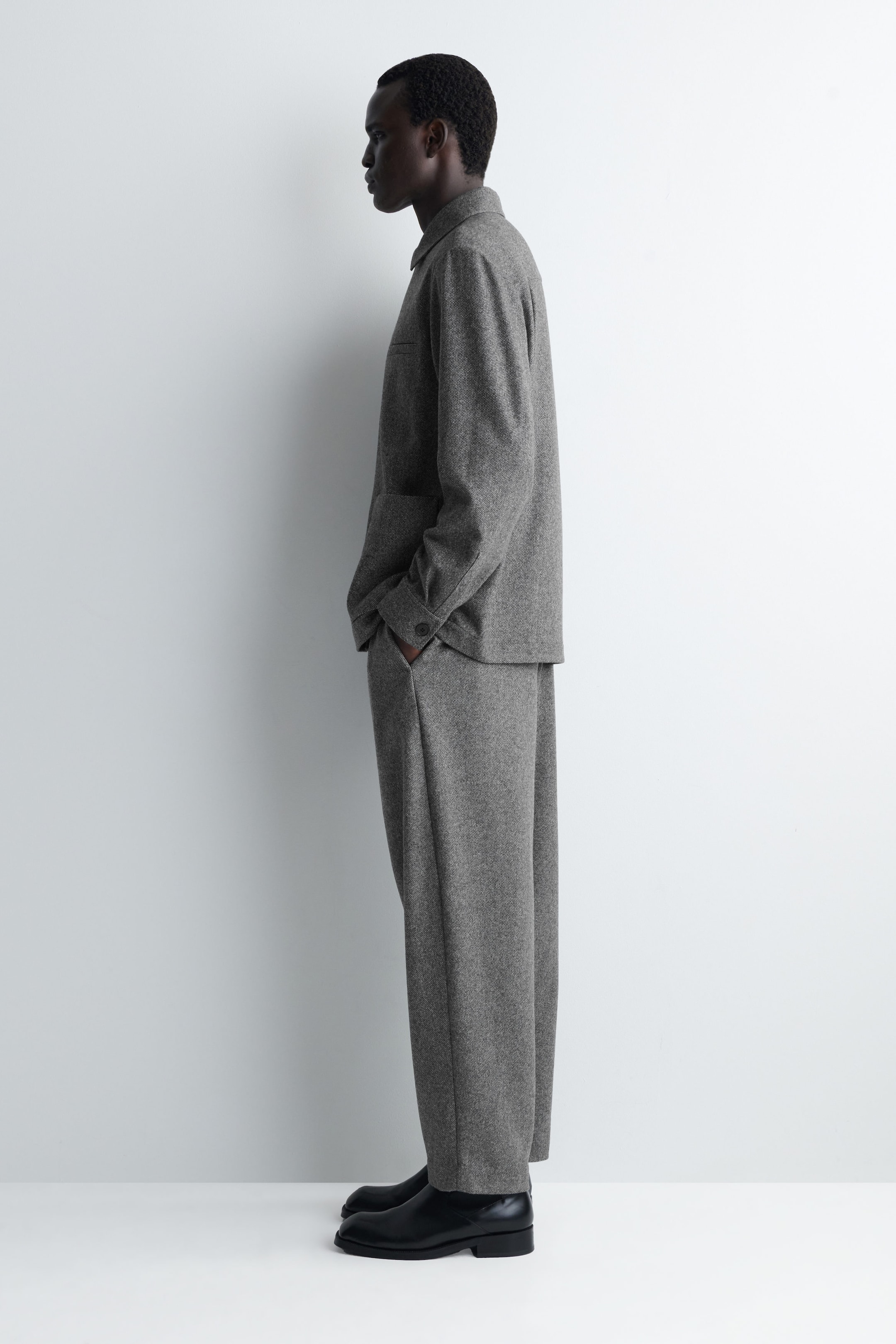 BIRDSEYE WOOL BARREL-LEG TROUSERS