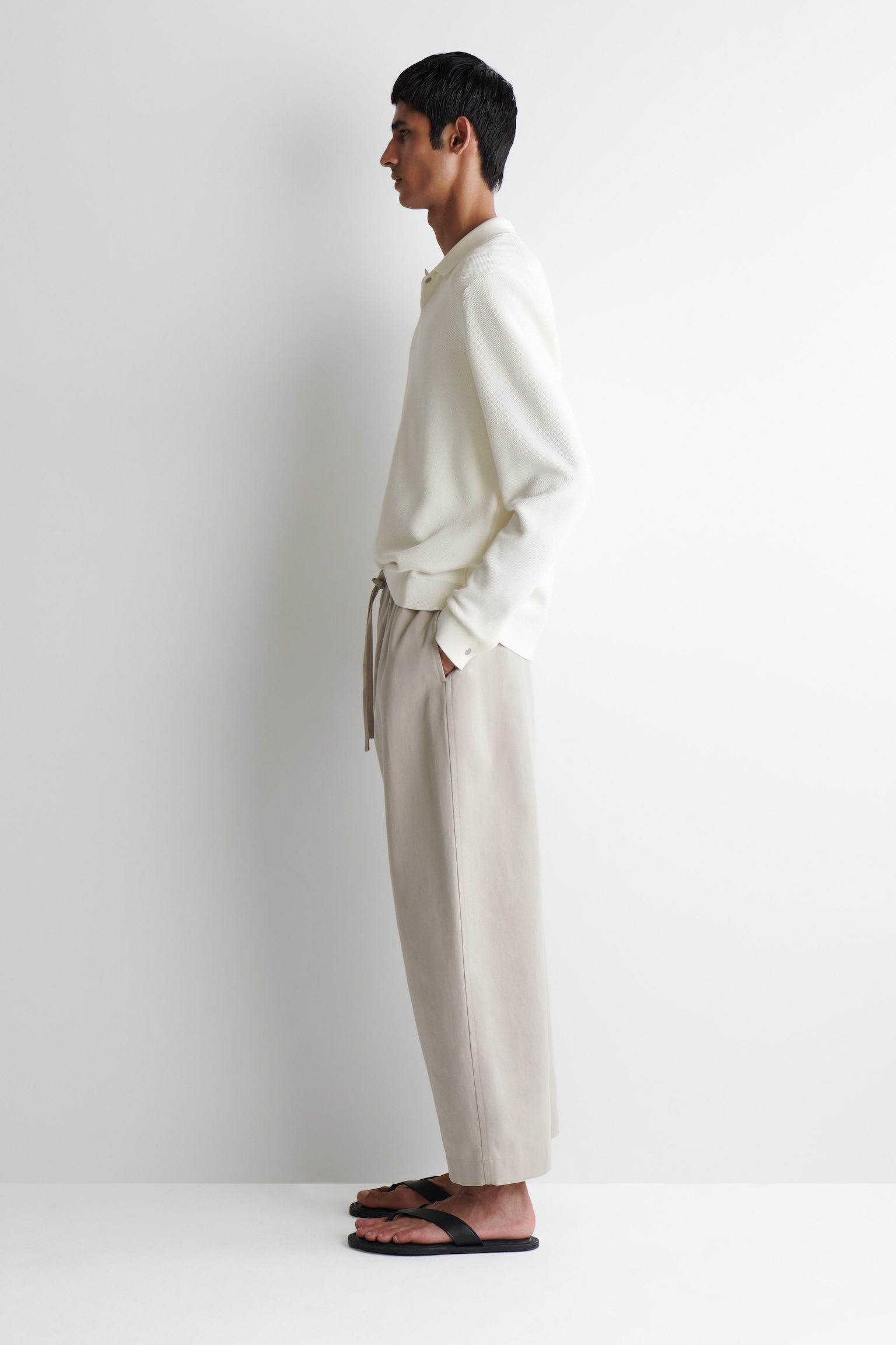BARREL-LEG DRAWSTRING TROUSERS - BEIGE/BLACK - 5
