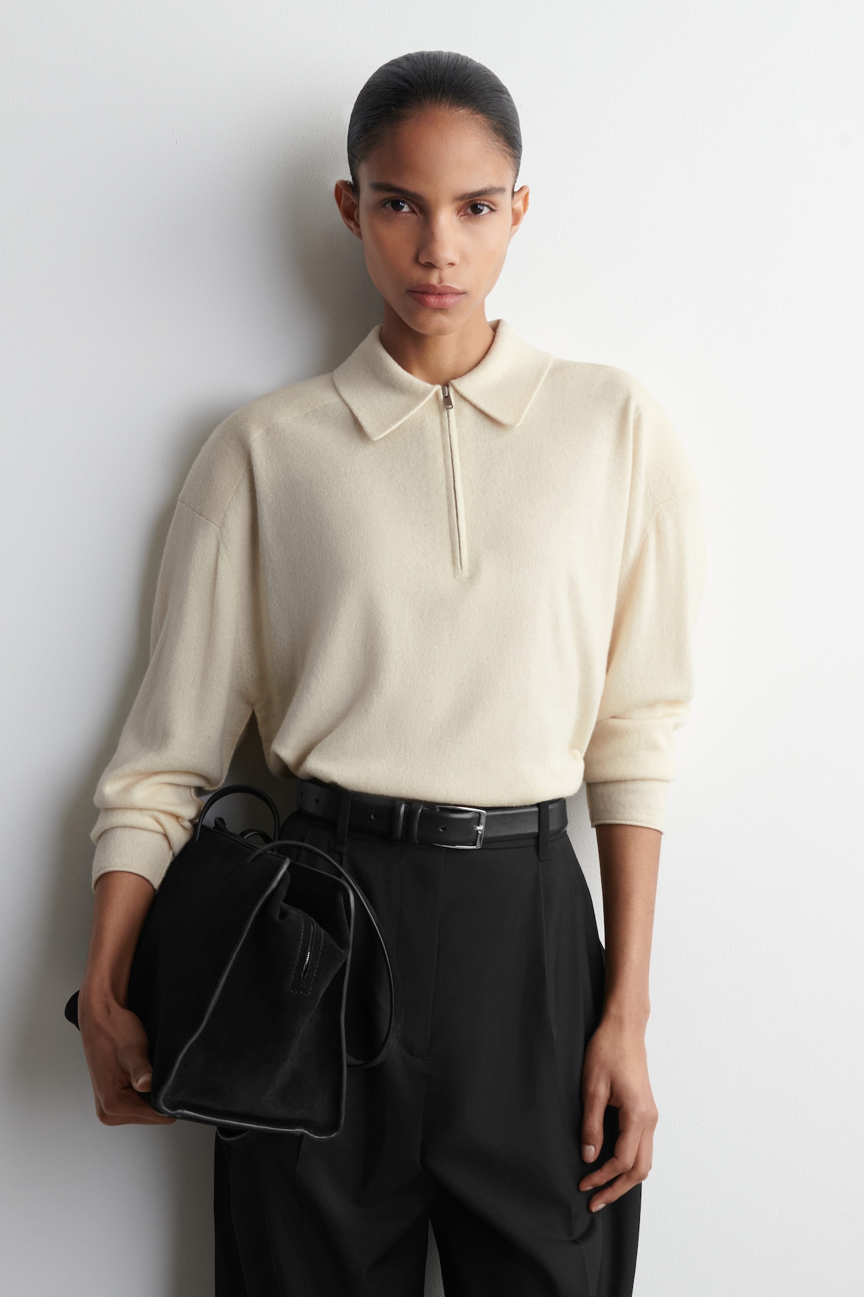 MERINO WOOL-YAK ZIP-UP POLO SHIRT — WHITE