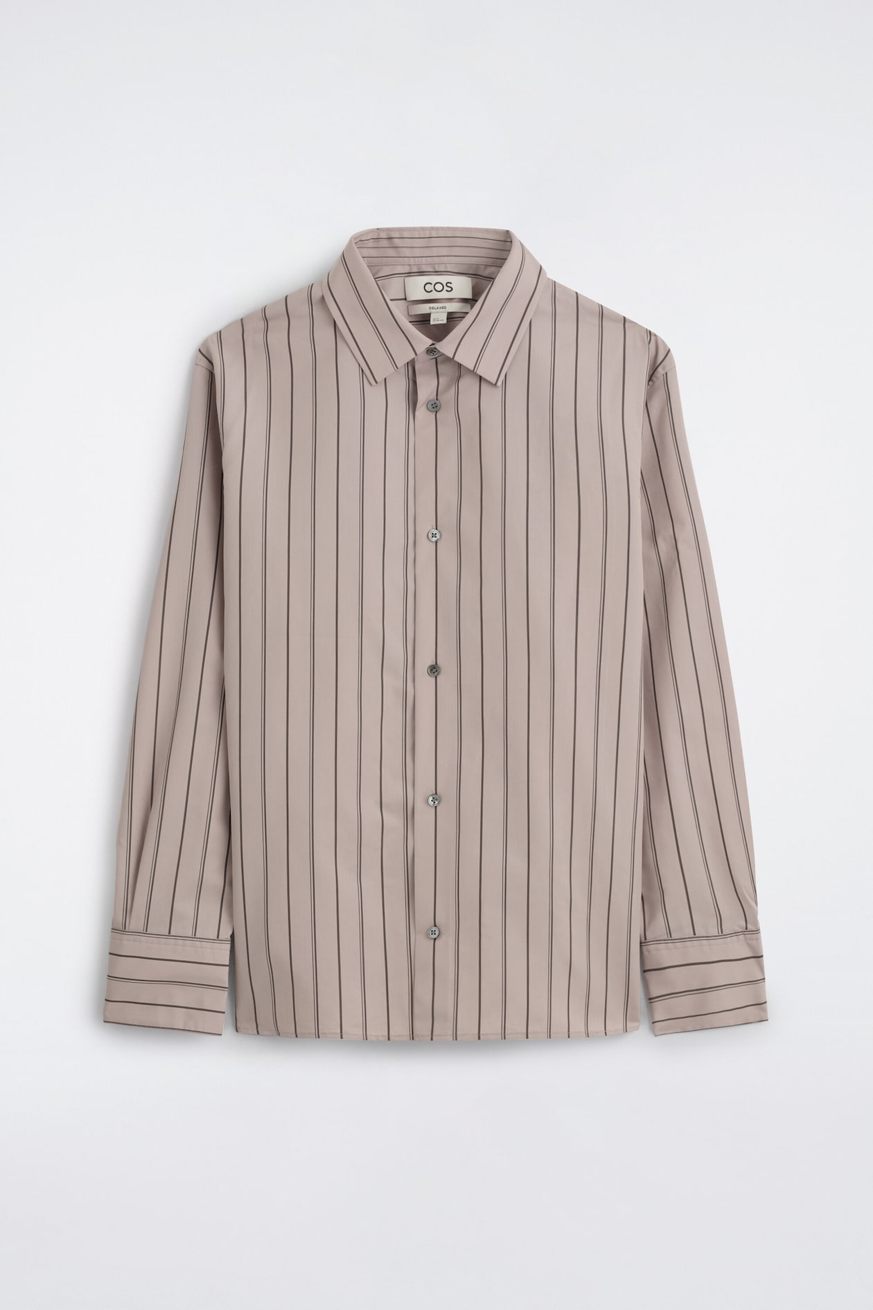 A striped structured cotton-silk shirt is shown from the front, featuring a muted taupe base with thin vertical dark stripes. The shirt features a pointed collar, a central button placket, and long sleeves with wide, horizontally striped cuffs.