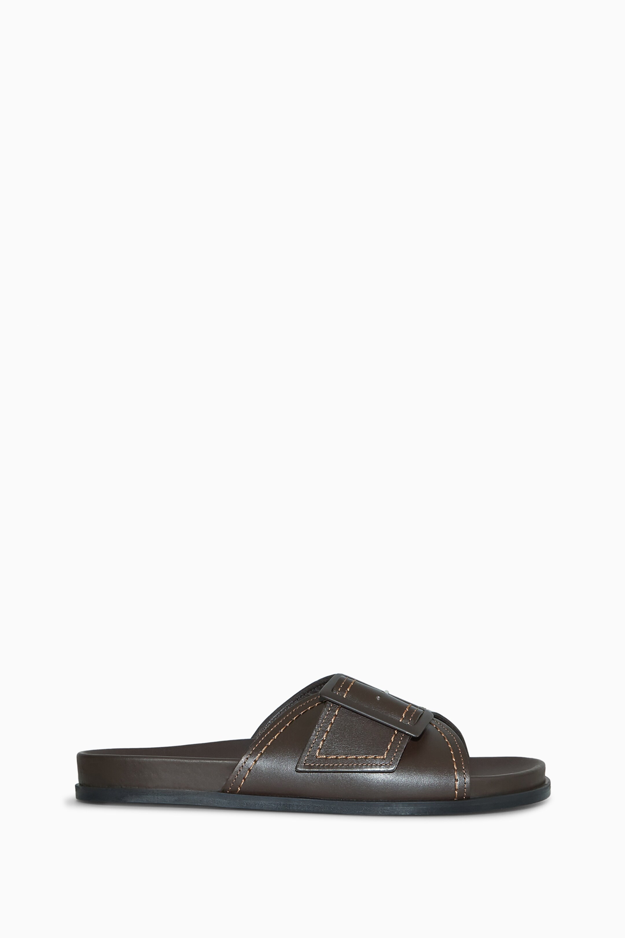 View larger image: CONTRAST-STITCH BUCKLED LEATHER SLIDES - BROWN - Ladies | H&M GB 1
