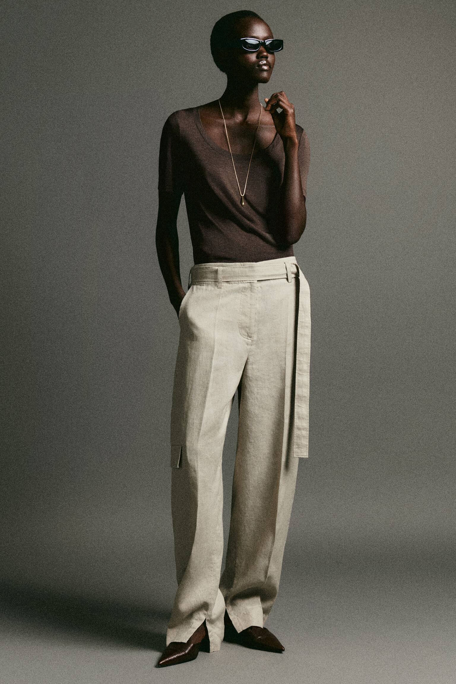 T-SHIRT SLIM IN SETA - MARRONE MÉLANGE/AVORIO - 6