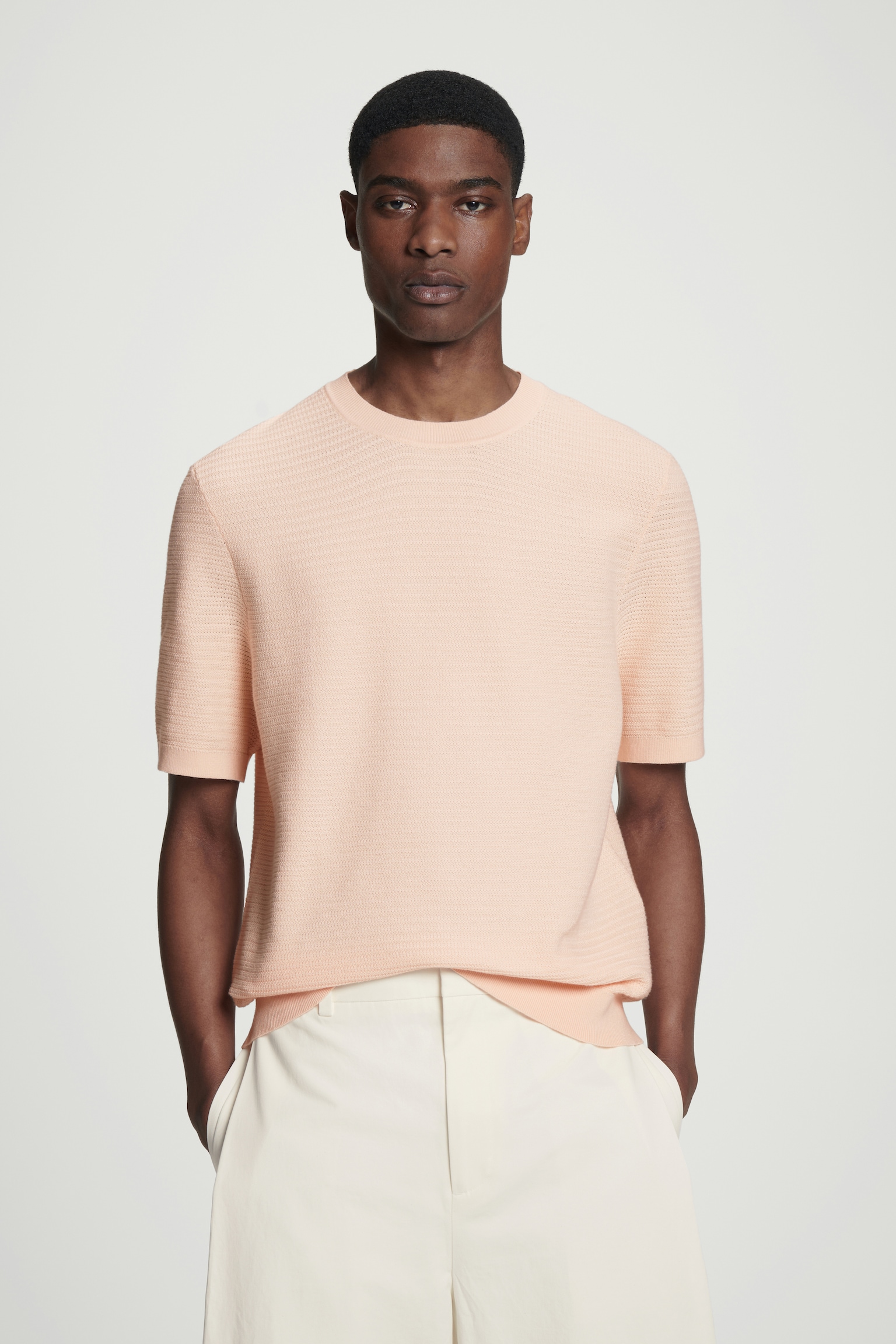 TEXTURED KNITTED COTTON T-SHIRT - APRICOT/OFF-WHITE/BLACK/MOLE - 1