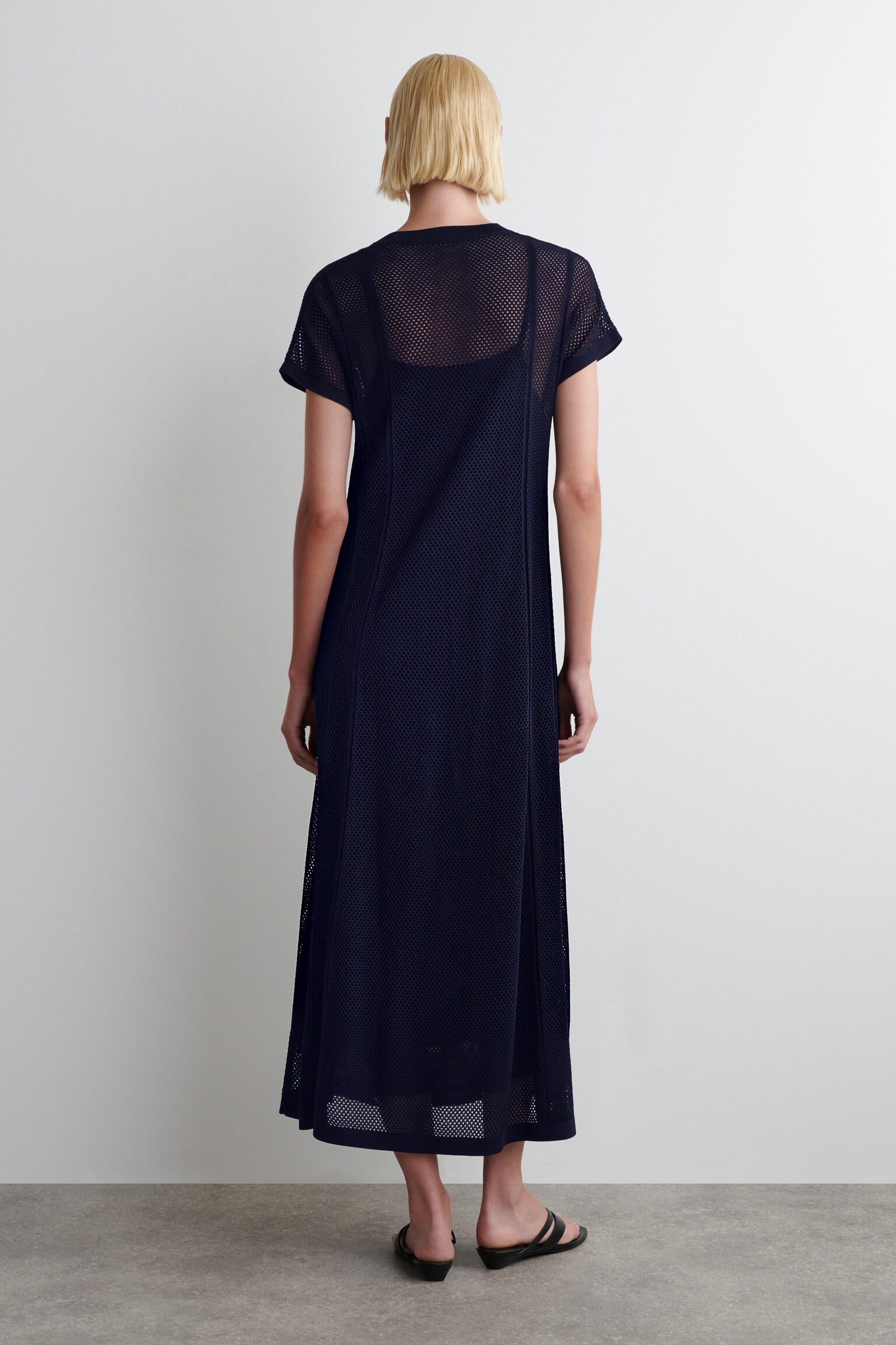 ROBE LONGUE EN MAILLE DE COTON POINTELLE - BLEU MARINE - 3