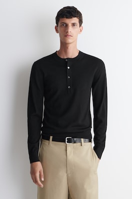 SLIM MERINO WOOL HENLEY TOP — BLACK 1