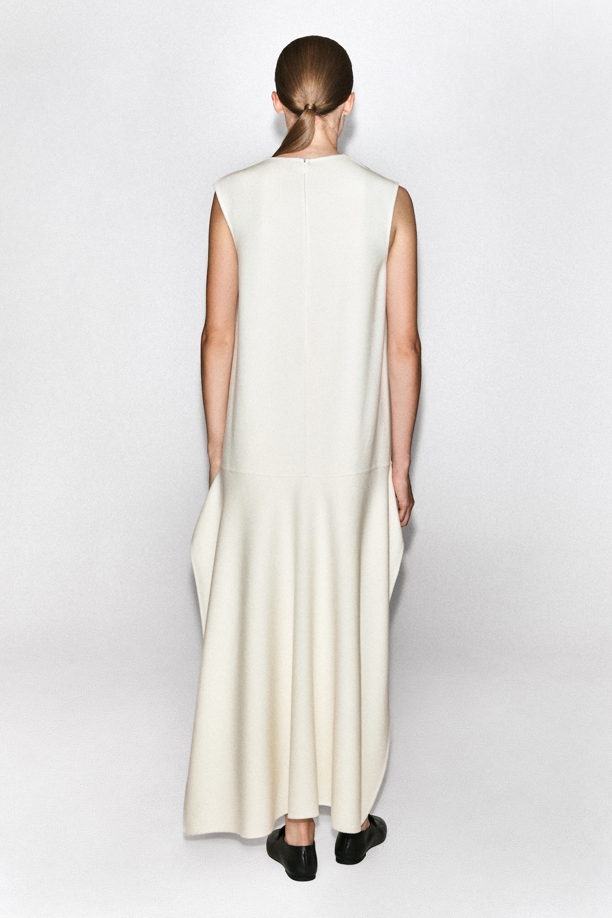DROPPED-WAIST DOUBLE-FACED WOOL DRESS — OYSTER