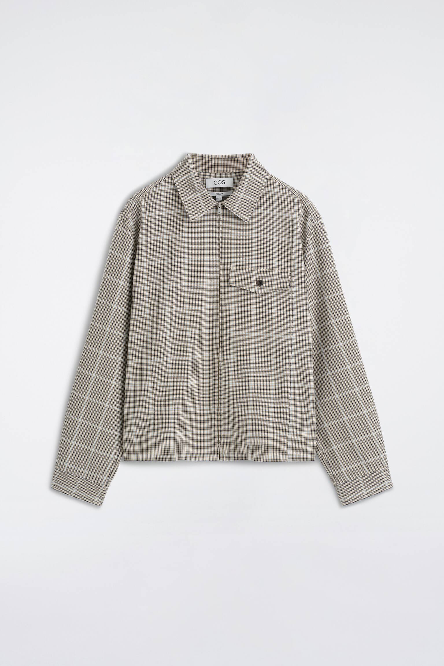 ZIP-UP COTTON OVERSHIRT - בז' / משובץ/כחול נייבי - 1