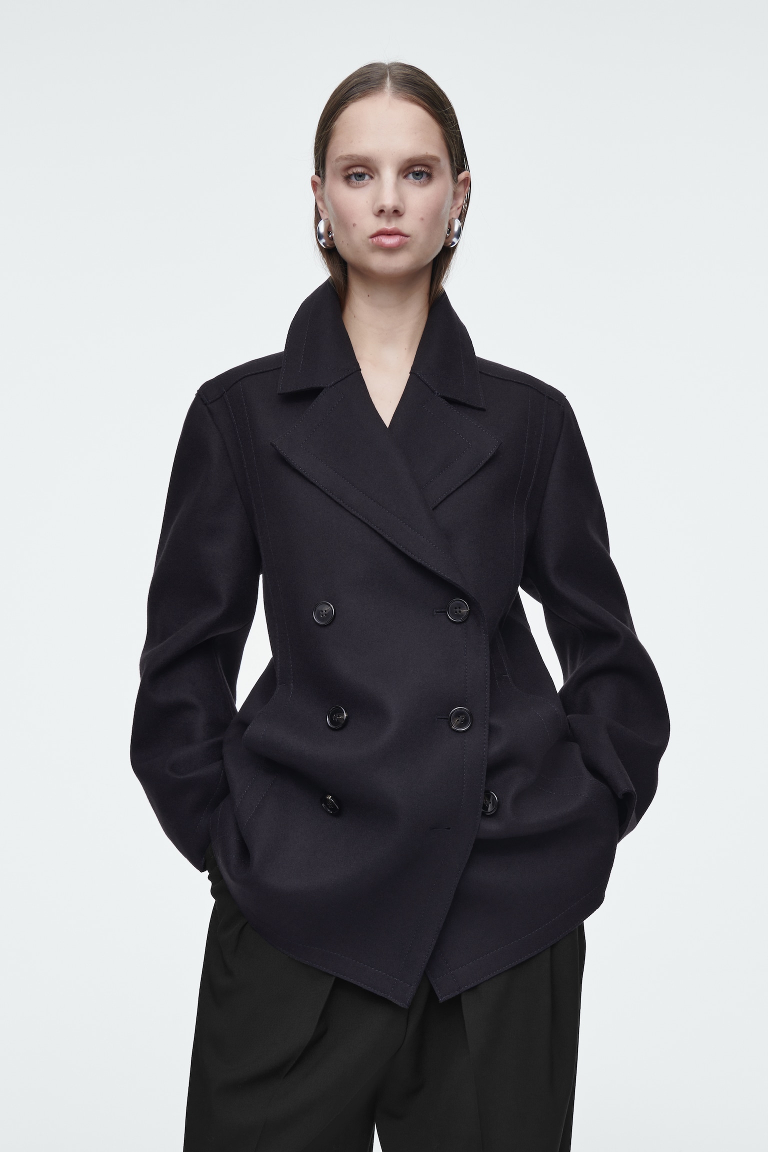 RELAXED WOOL PEA COAT - NAVY
