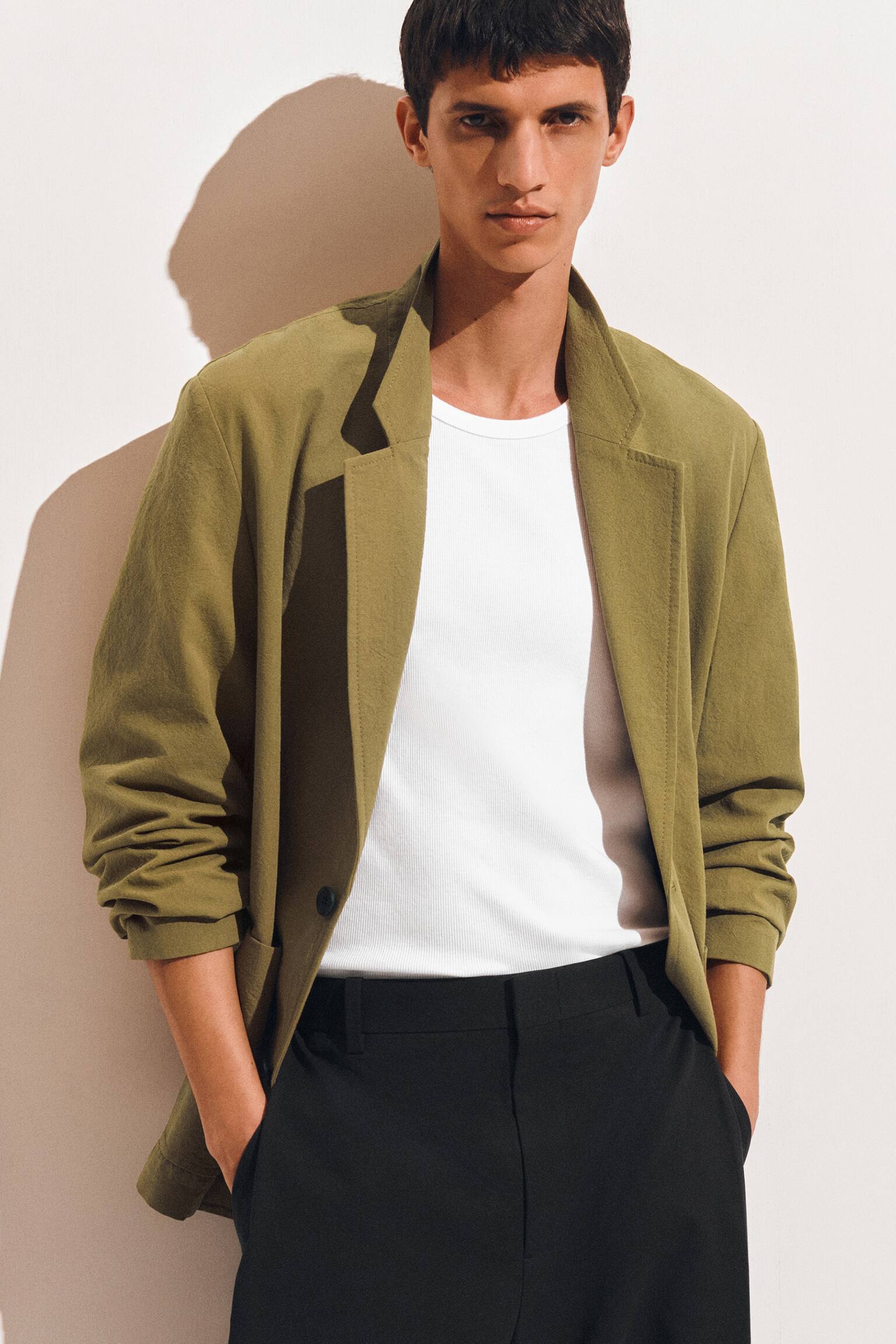 UNSTRUCTURED COTTON BLAZER - ירוק זית - 4