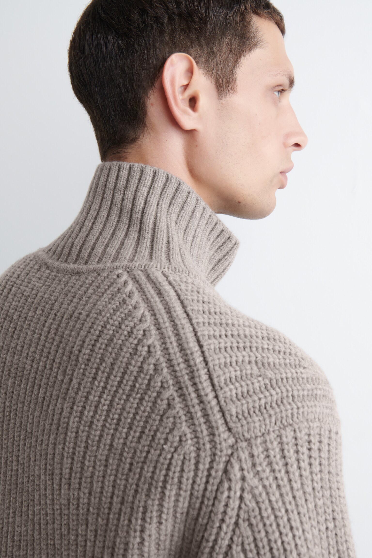 FUNNEL-NECK KNITTED WOOL JACKET - STONE/CHARCOAL - 8