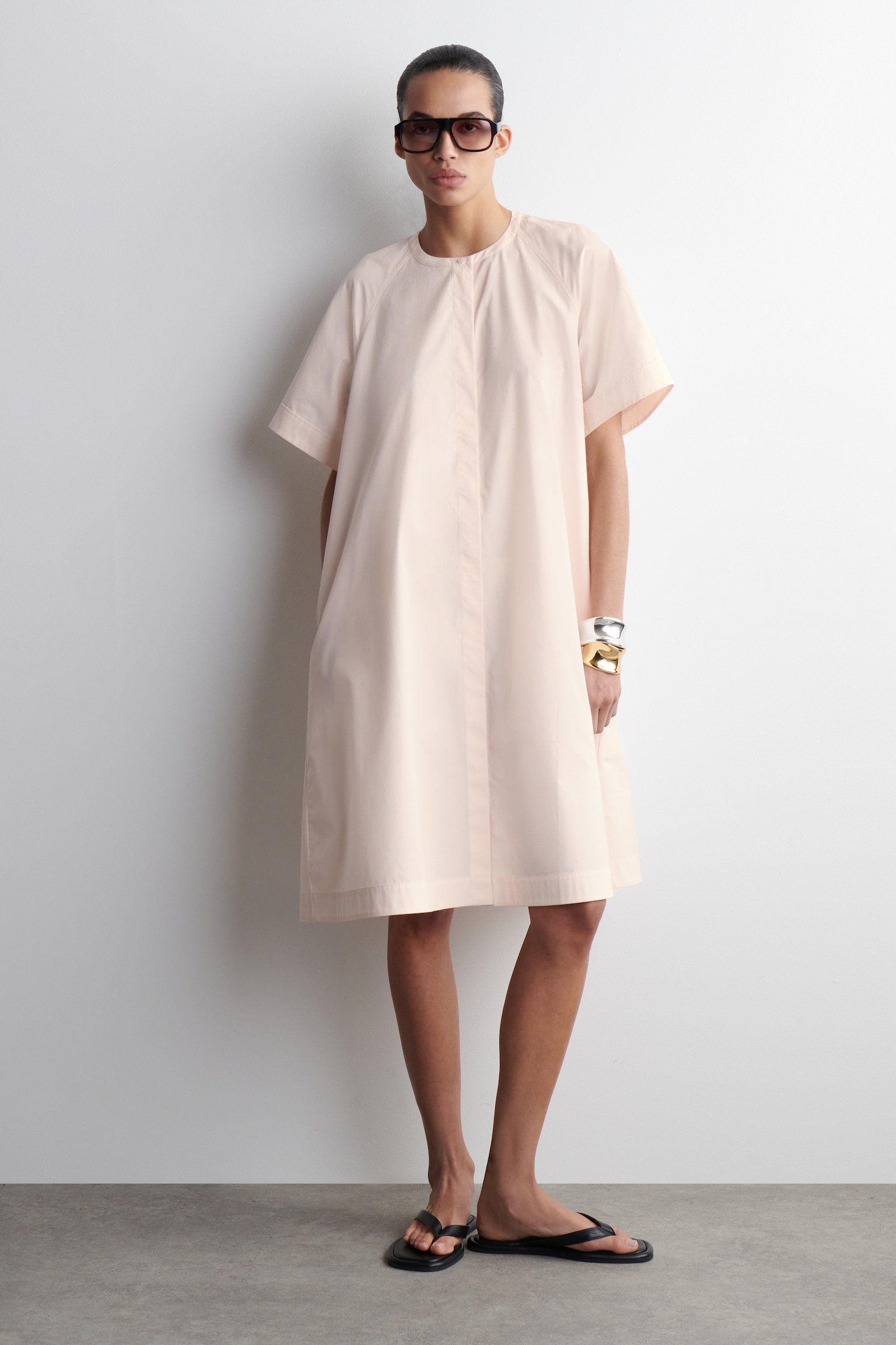 ROBE MIDI À MANCHES RAGLAN EN COTON - ROSE CLAIR/KAKI - 3