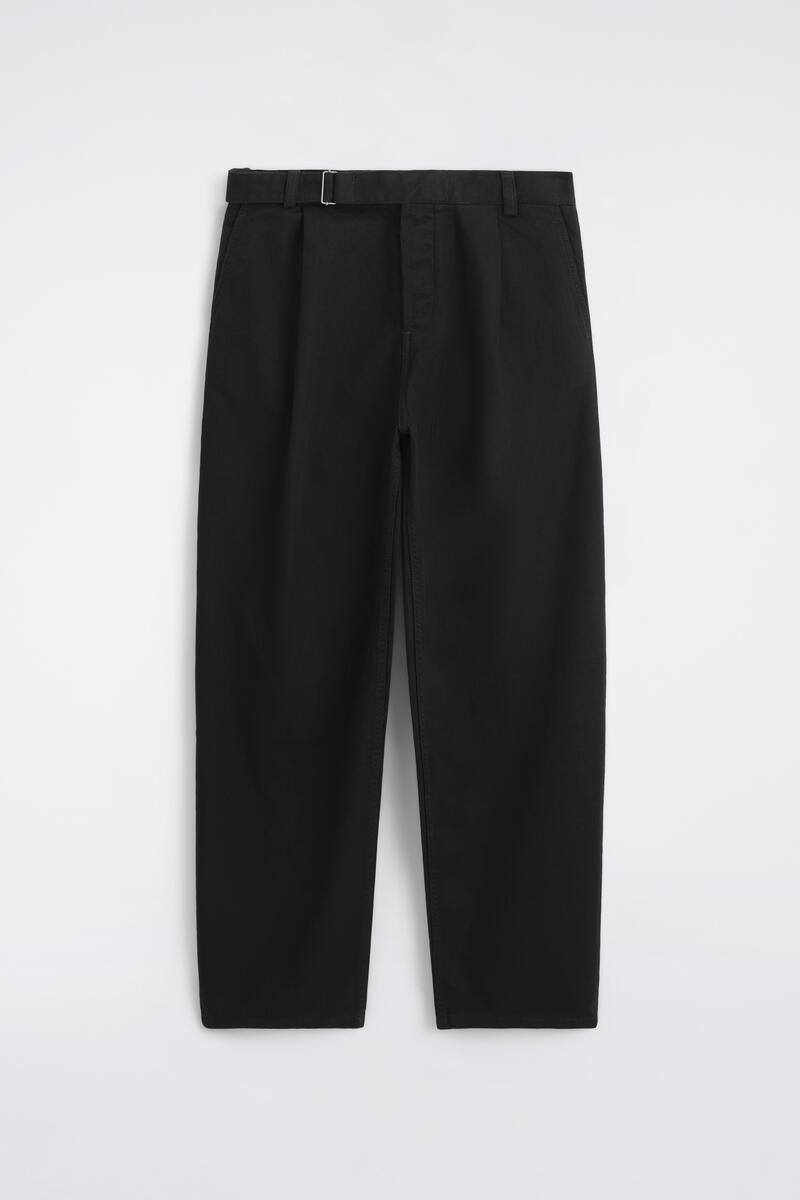Buckled Denim Relaxed-Fit Barrel-Leg Pants