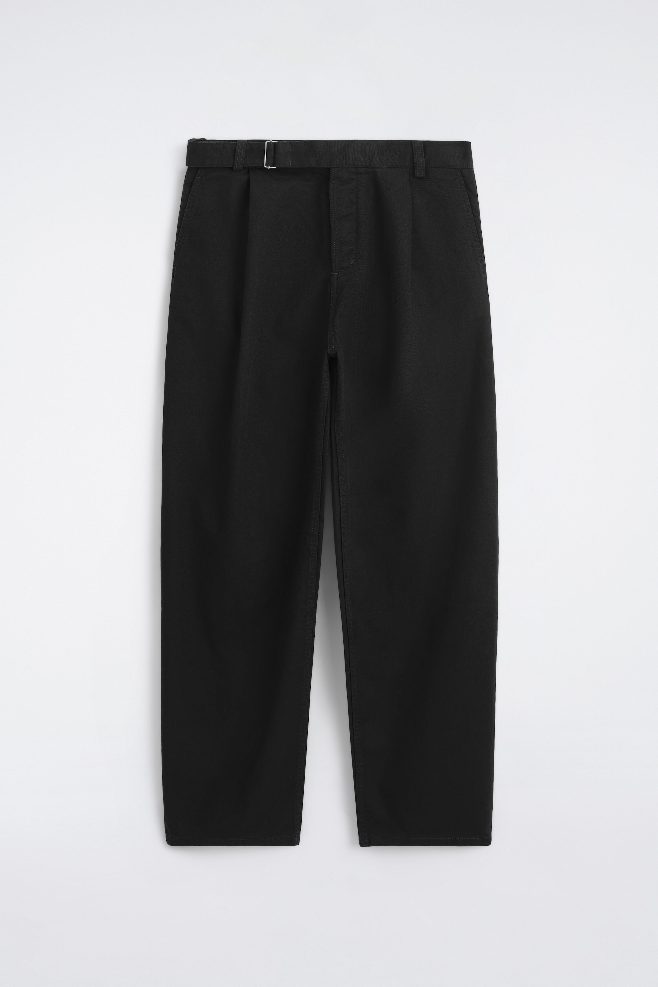 BUCKLED DENIM RELAXED-FIT BARREL-LEG TROUSERS