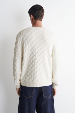 CABLE-KNIT COTTON-SILK V-NECK SWEATER — OFF-WHITE 4